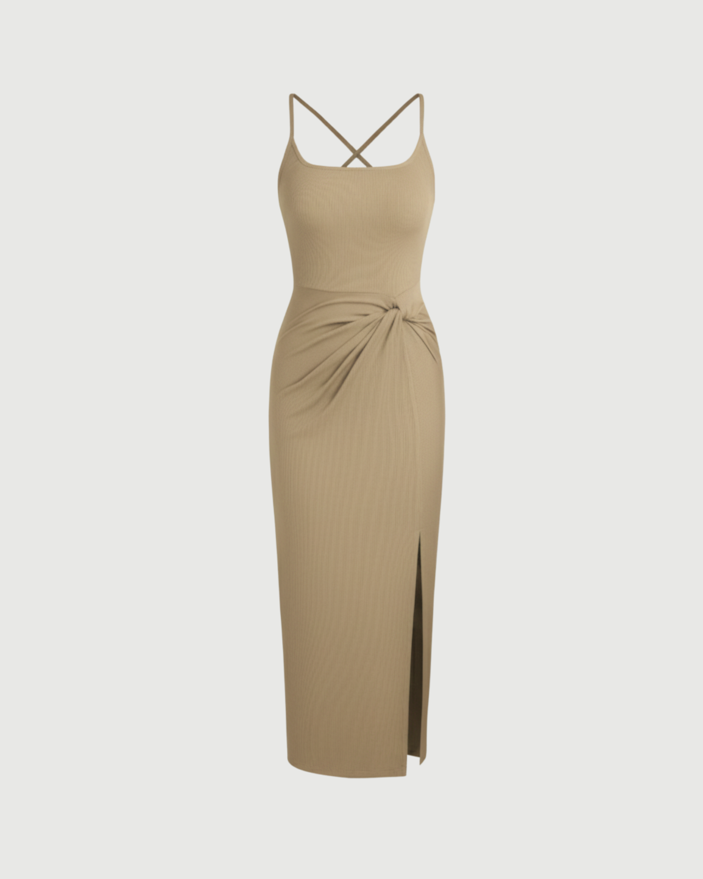 Criss-Cross Twist U-Neck Maxi Dress-Beige