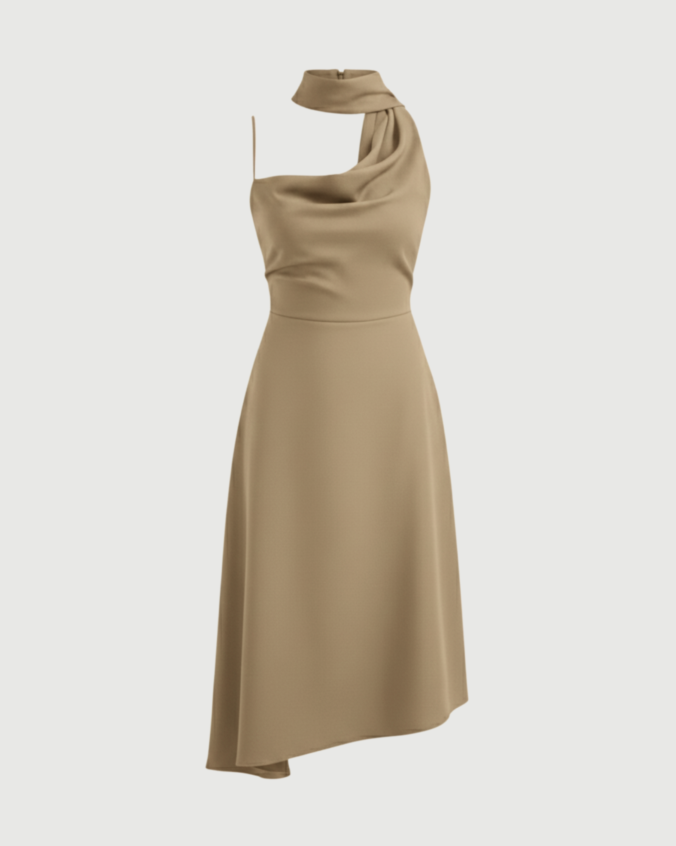 Draped Cowl Neck Ruched Midi Slip Dress-Beige