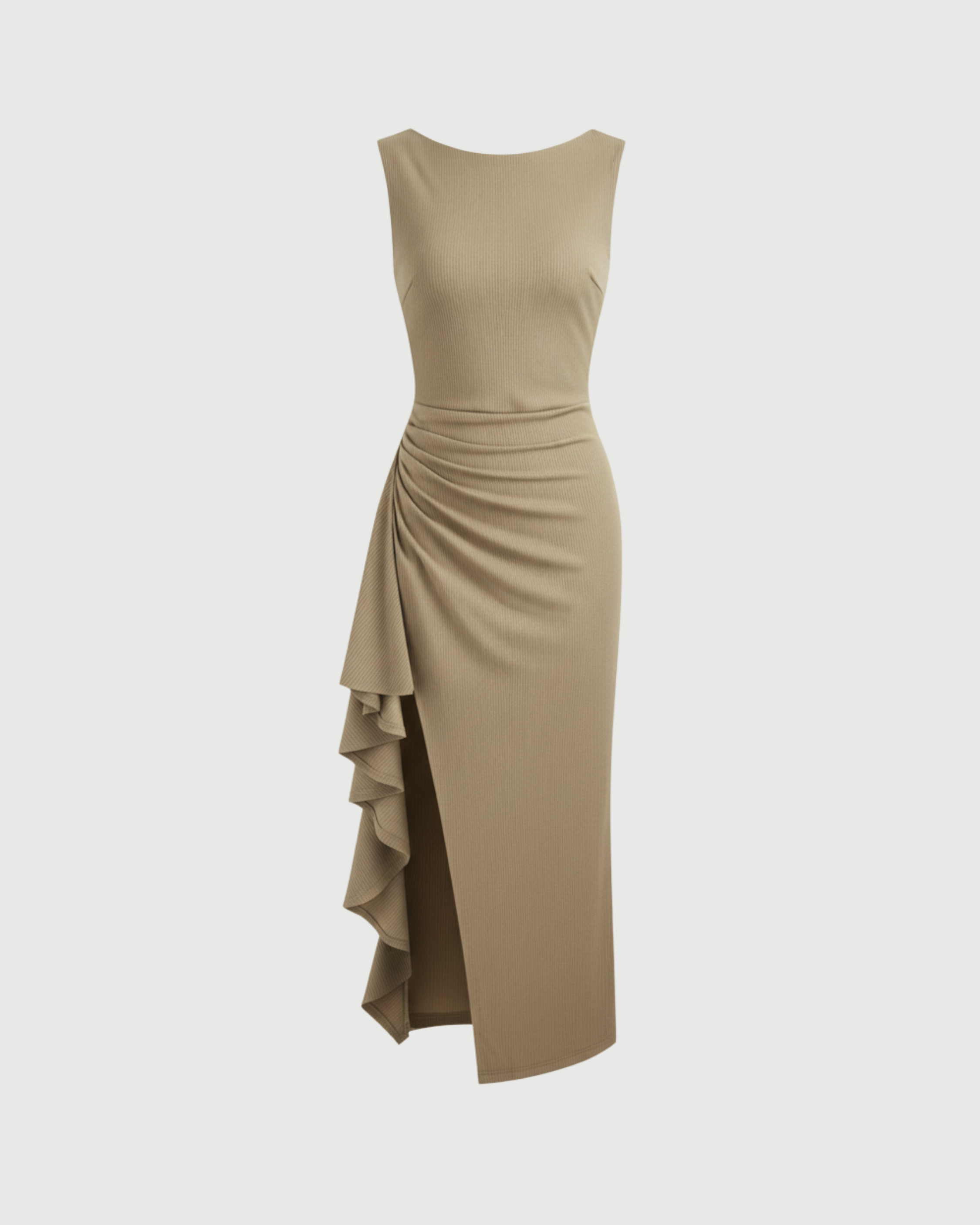 Elegance Backless Boat Neck Ruffle Split Maxi-Beige