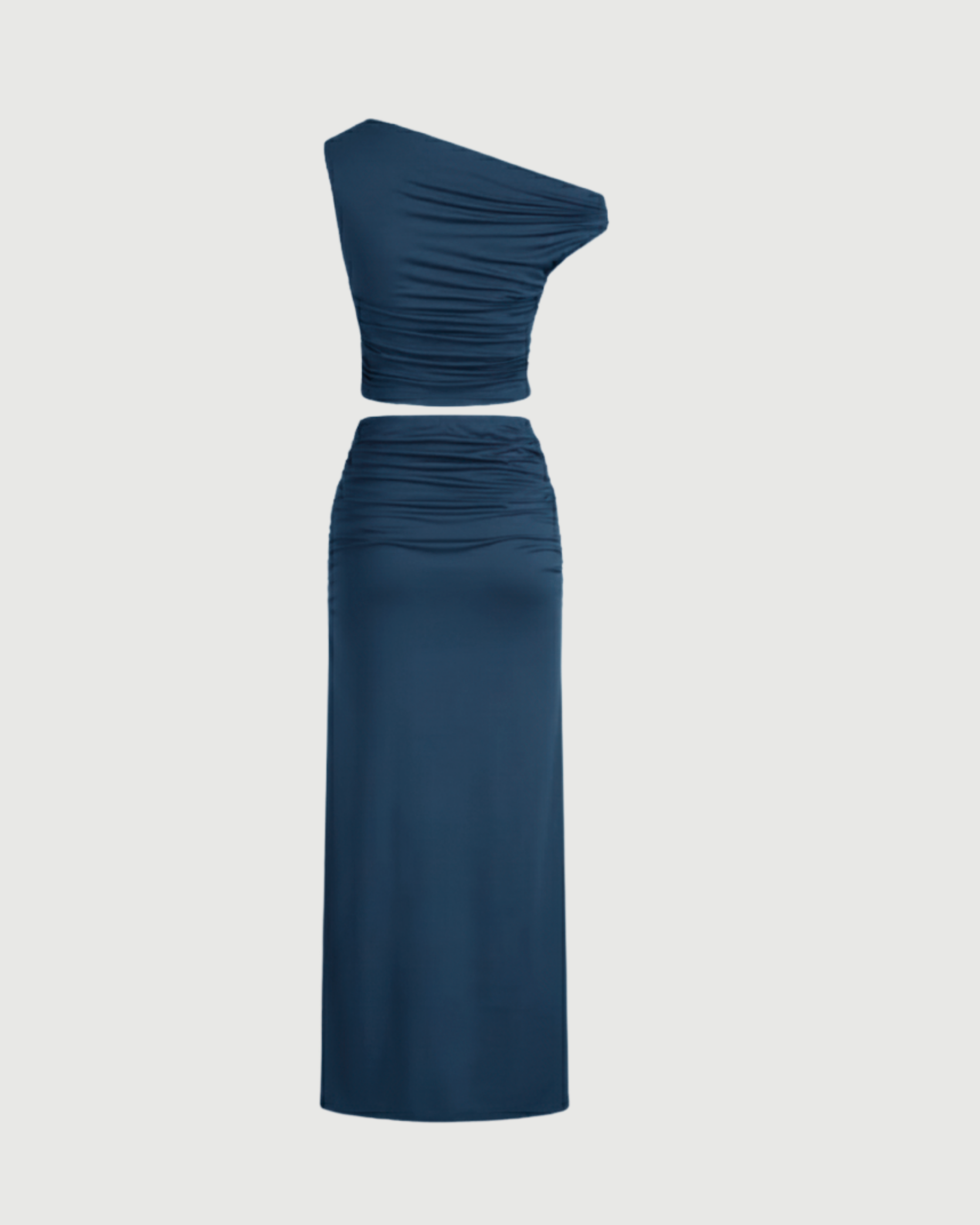 Two-Piece Asymmetrical Ruched Crop & Maxi Skirt Set-Blue