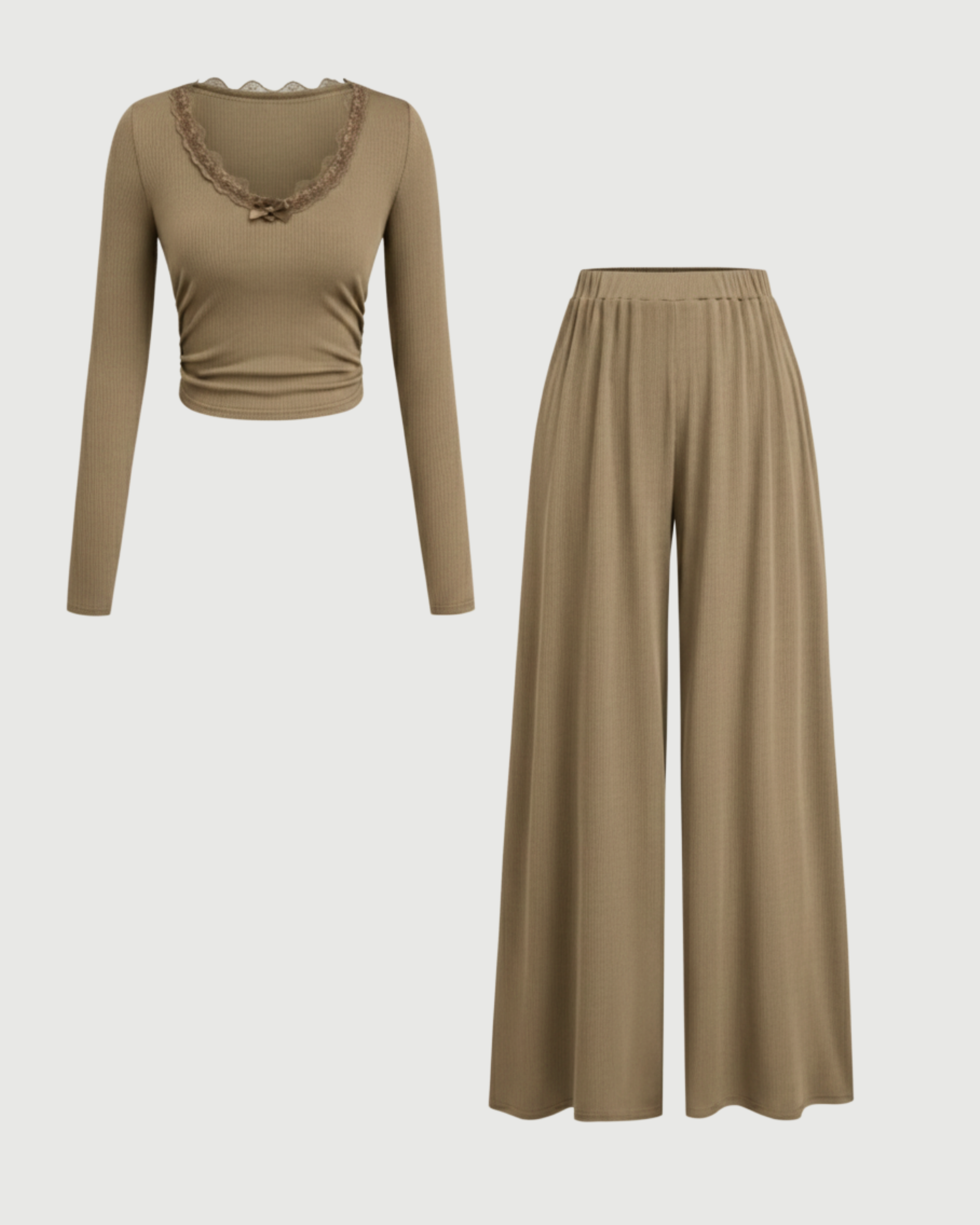 Lace Crop Top & Wide Leg Pant Set-Beige