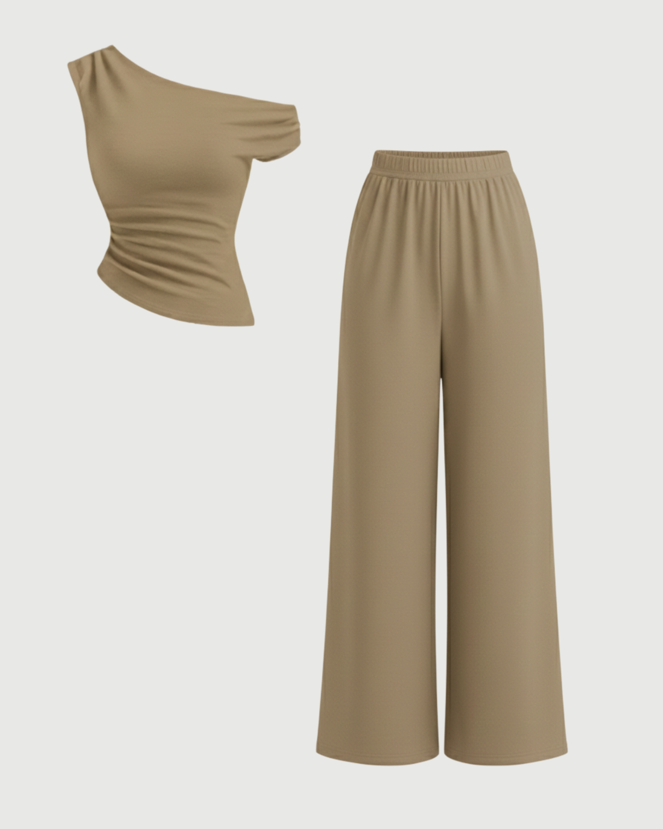Modern Asymmetric Top & Straight Leg Trousers Set-Beige