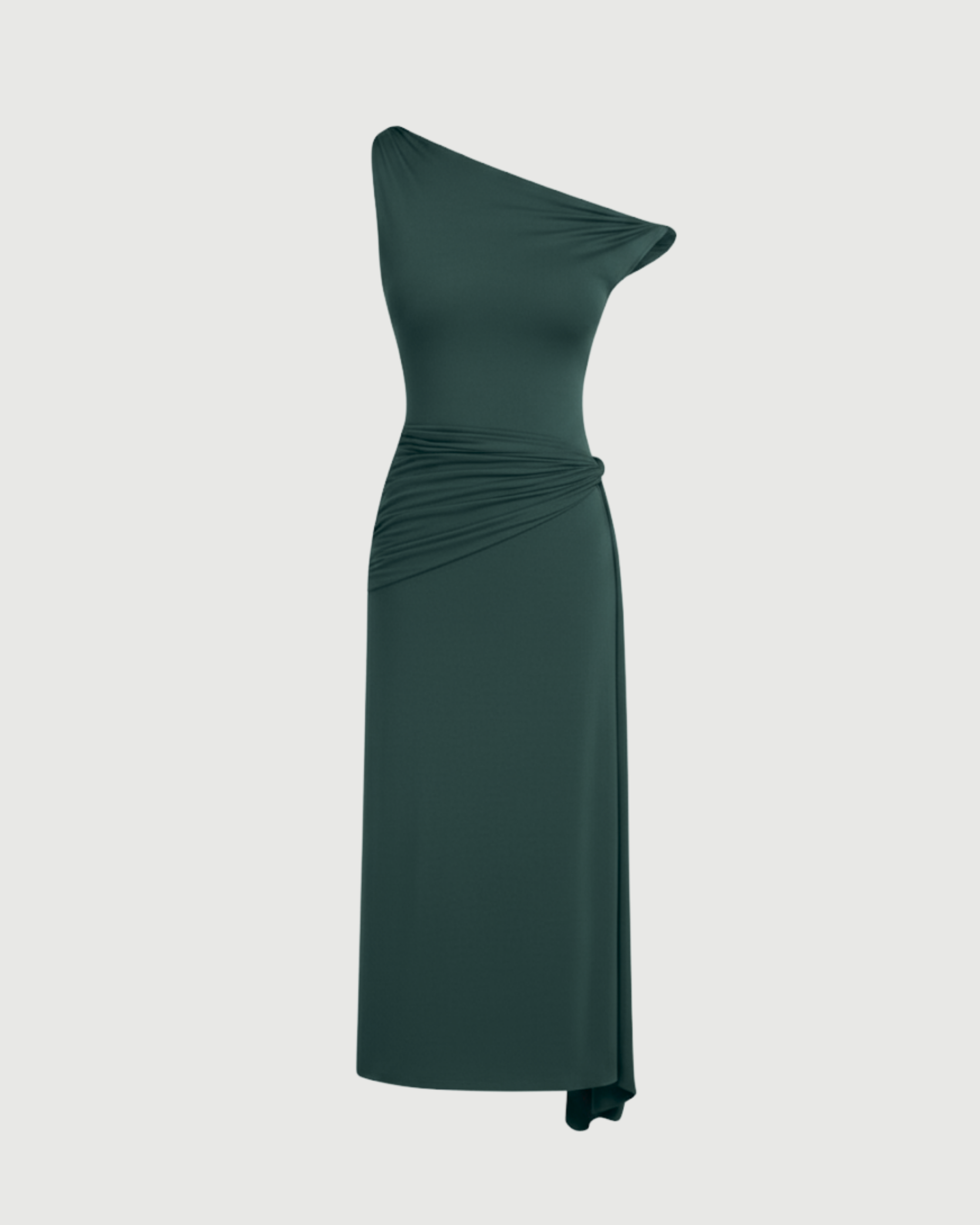 Sheer Mesh Draped Asymmetrical Maxi Dress-Dark Green