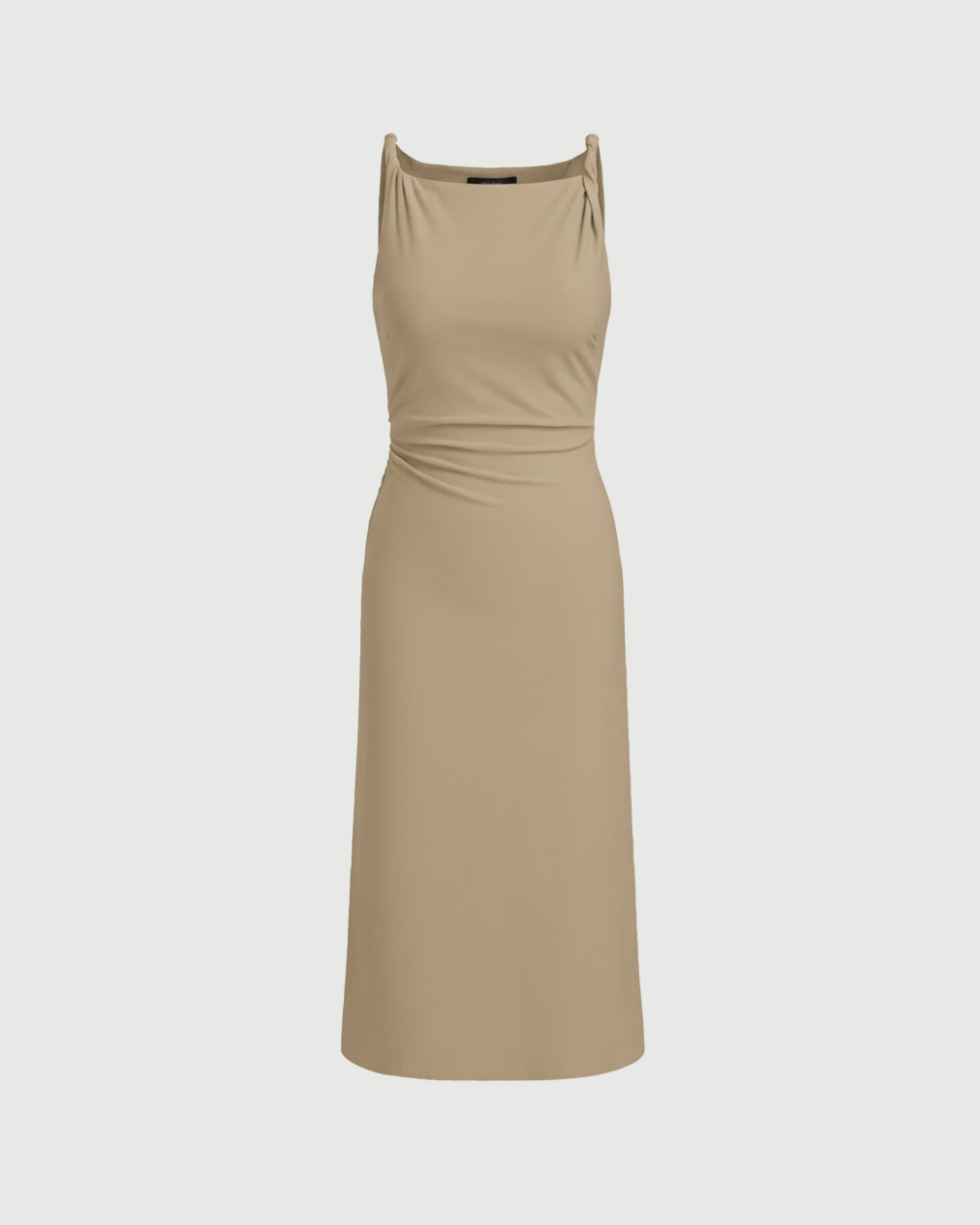 Boat Neck Twist Ruched Midi Dress- Beige