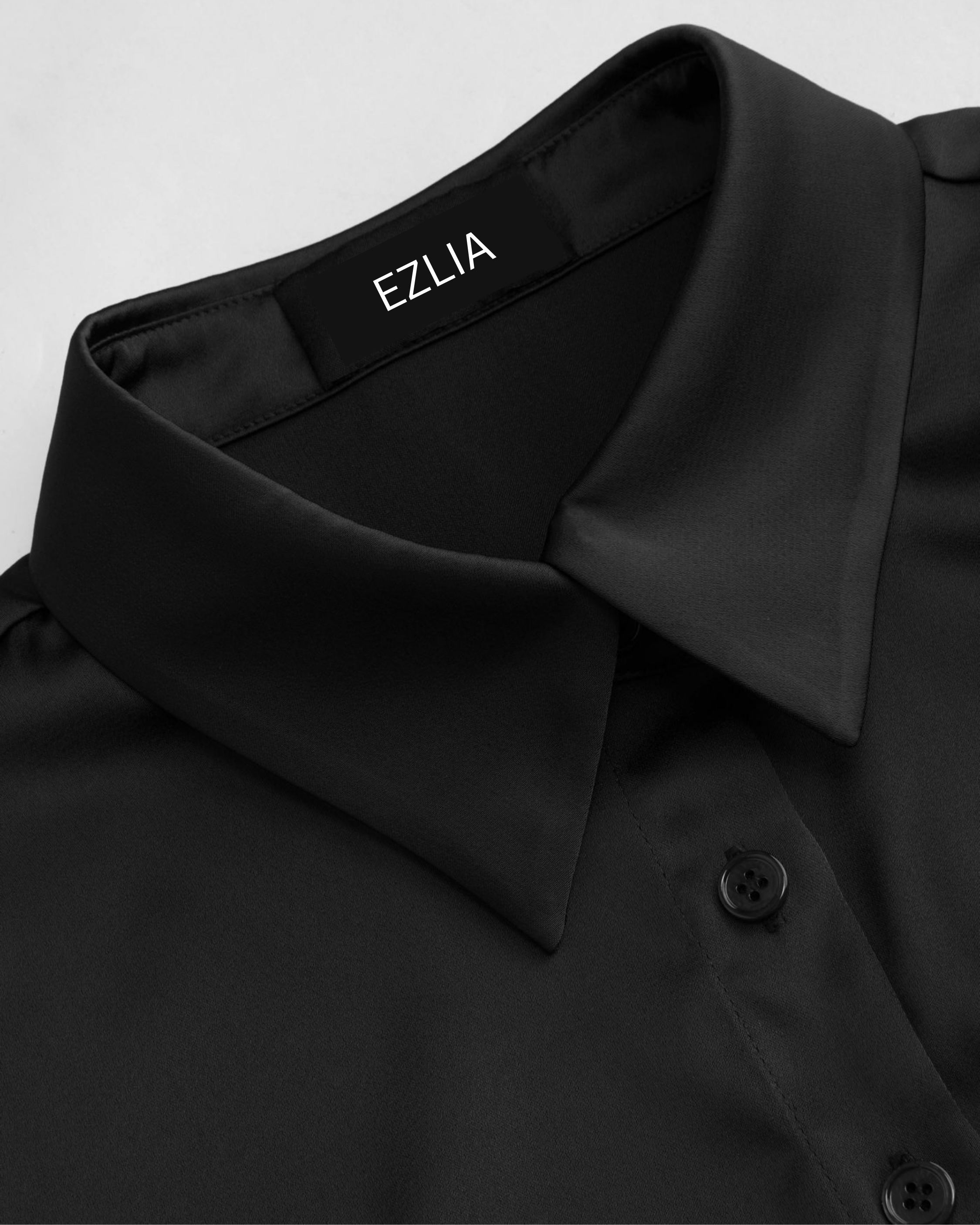 Collared Satin Shirt with Short Sleeves - Black