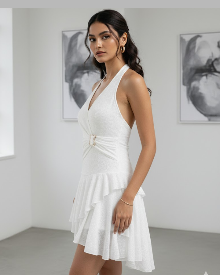 Lace Halter-Neck Mini Dress with Knotted Waist