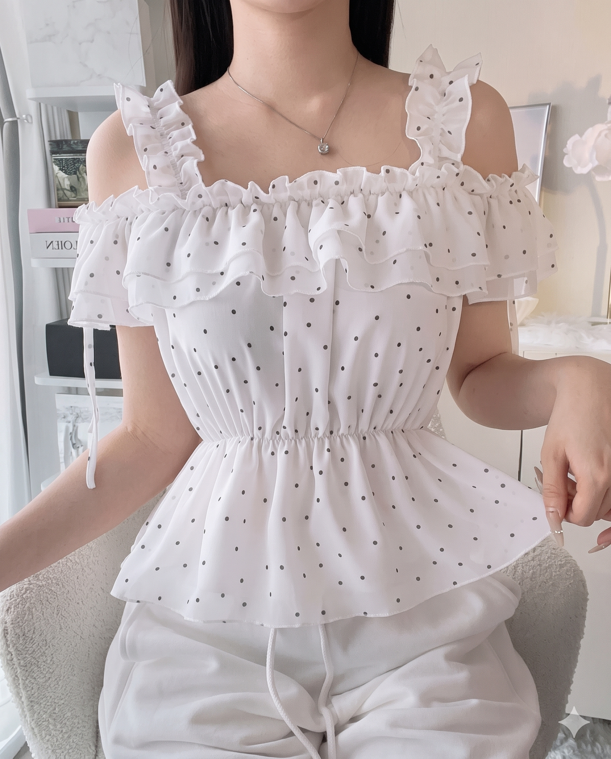 Polka Dot Ruffle Cold-Shoulder Peplum Top in White