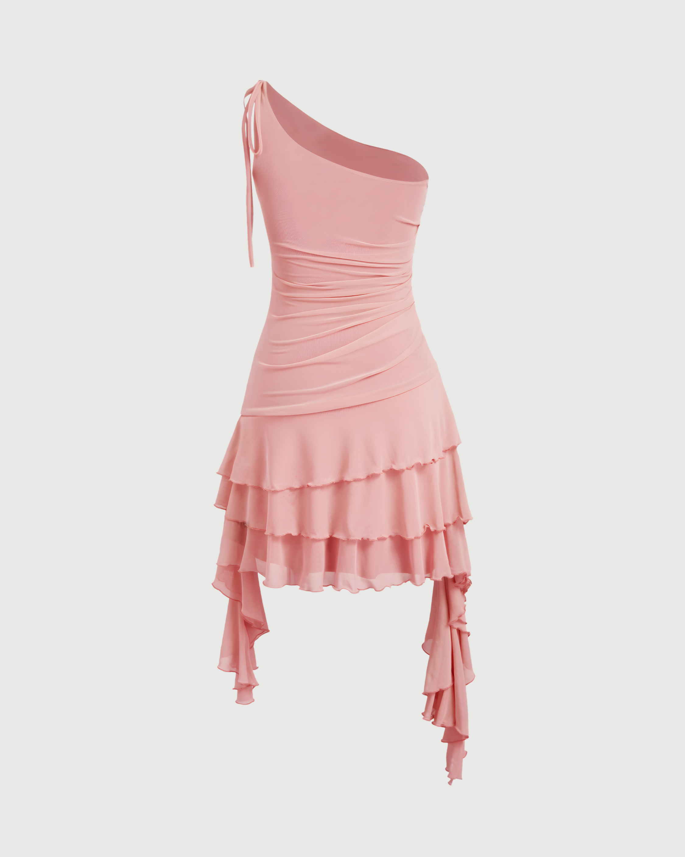 Solid Mesh Asymmetrical Neck Mini Dress with Tiered Ruffle Hem for Women - Pink