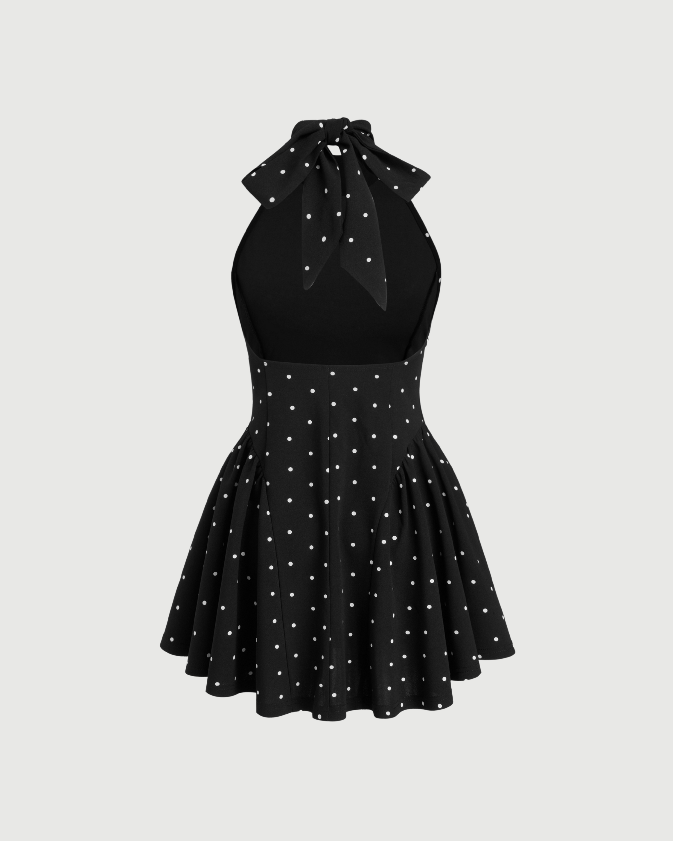 Halter Neckline Polka Dot Backless Ruffle Mini Dress-Black & White