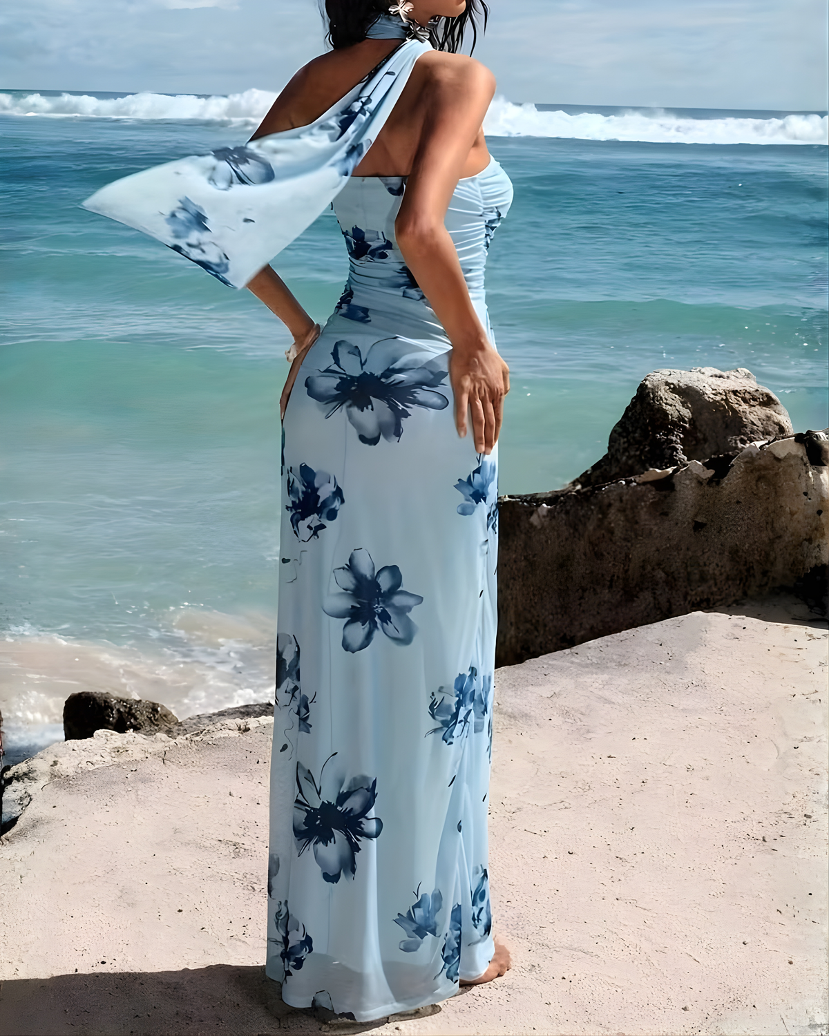 Elegant Floral Ruched Draping Summer Gown - Apricot Floral