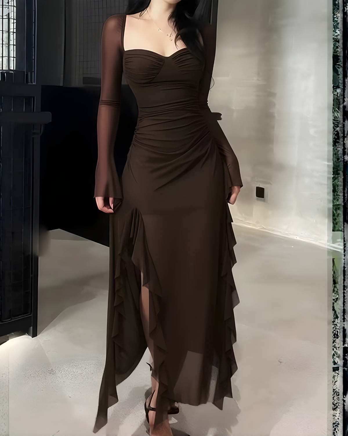 Sheer Mesh Long Sleeve Sweetheart Maxi Dress-Brown