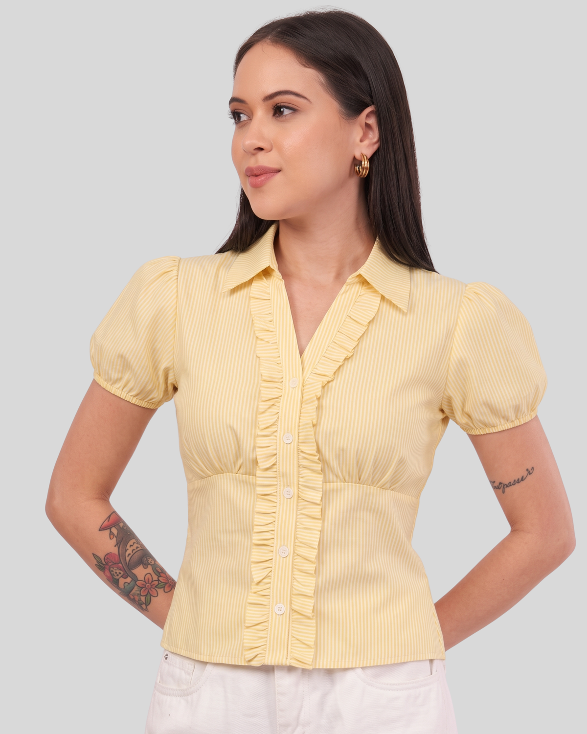 Women's Butter Yellow Striped Ruffle Front Peplum Top