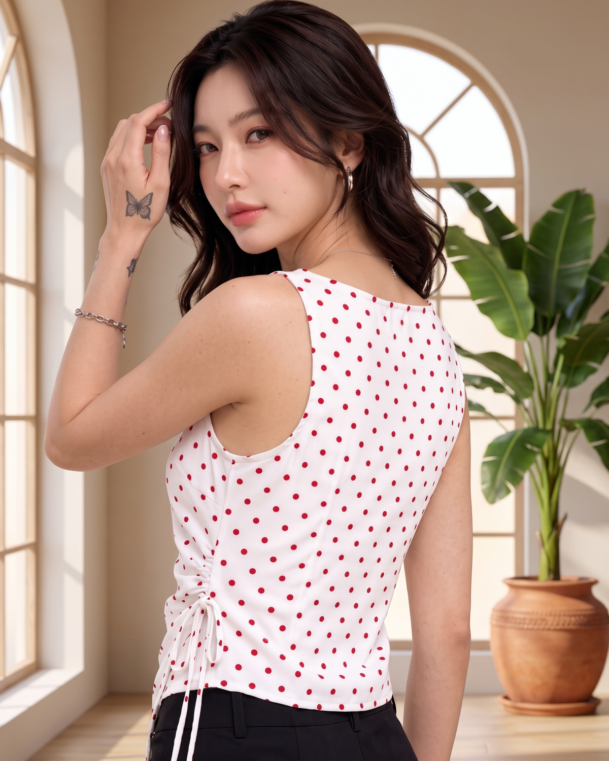 Women's Red Polka Dot Wrap Top with Side Tie