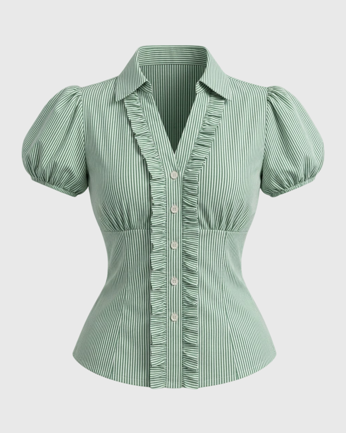 Women's Sage Green Striped Ruffle Front Peplum Top