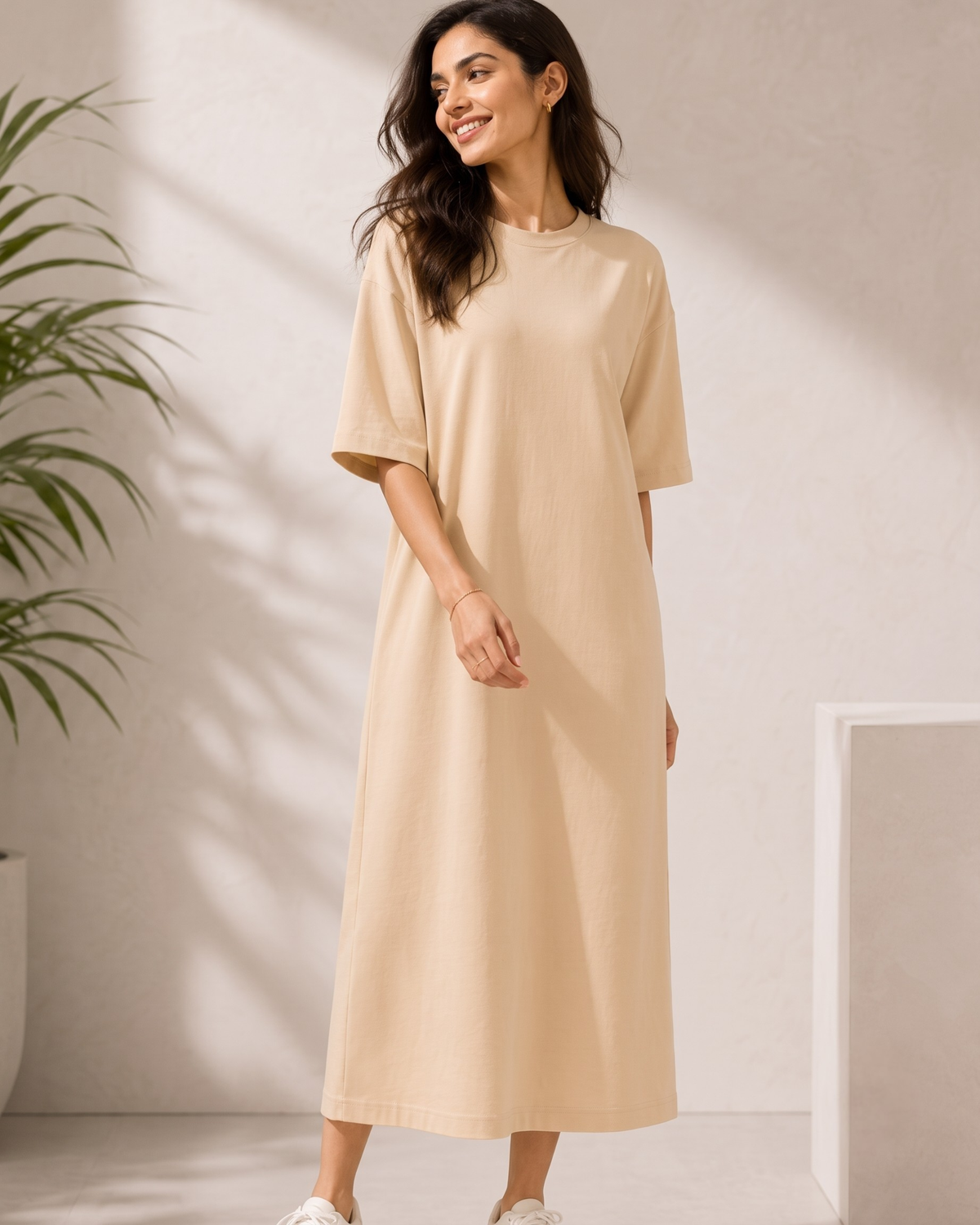 Women's Beige Oversized T-Shirt Maxi Dress with Pockets