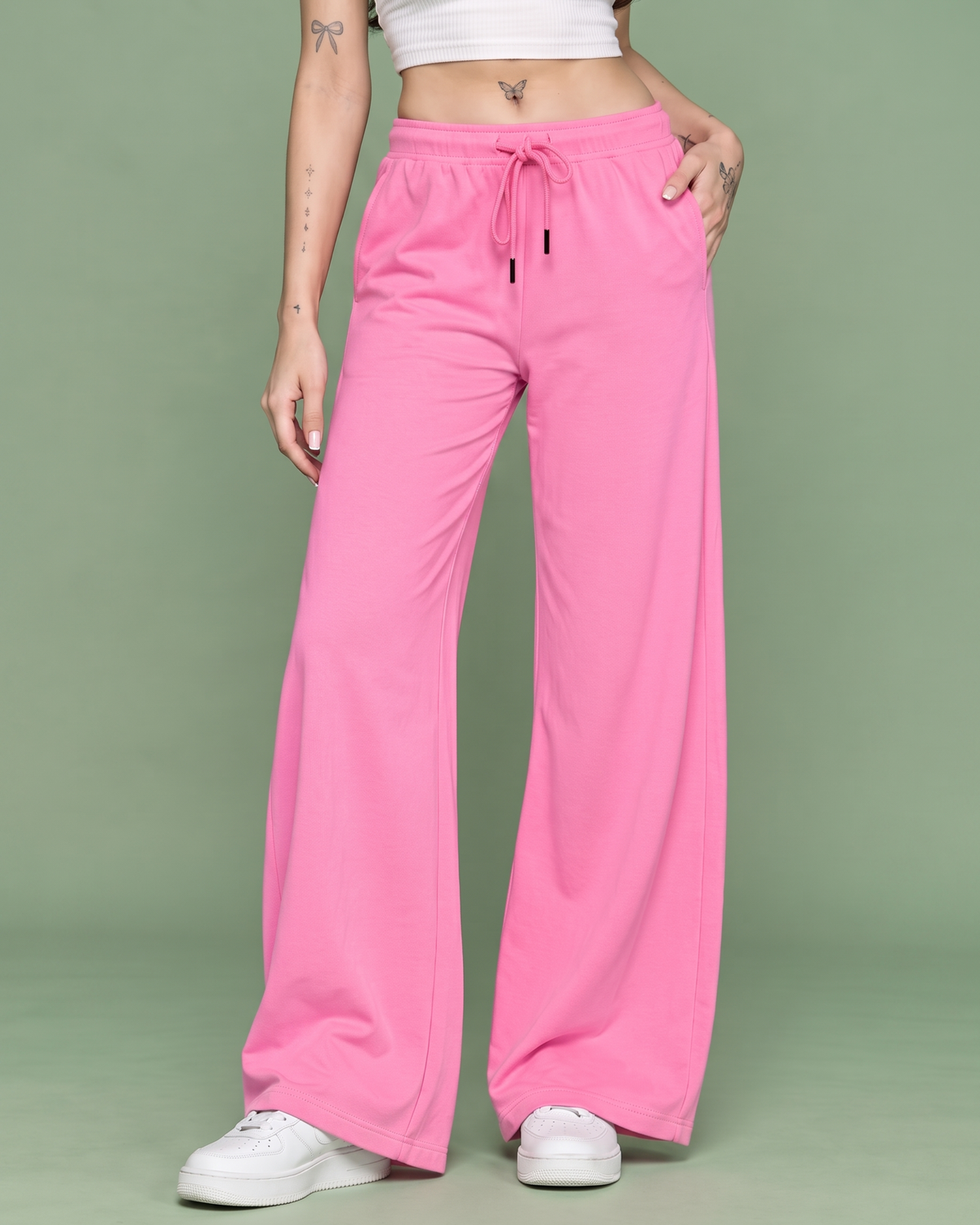High-Waisted Wide-Leg Drawstring Trousers in Bubblegum Pink