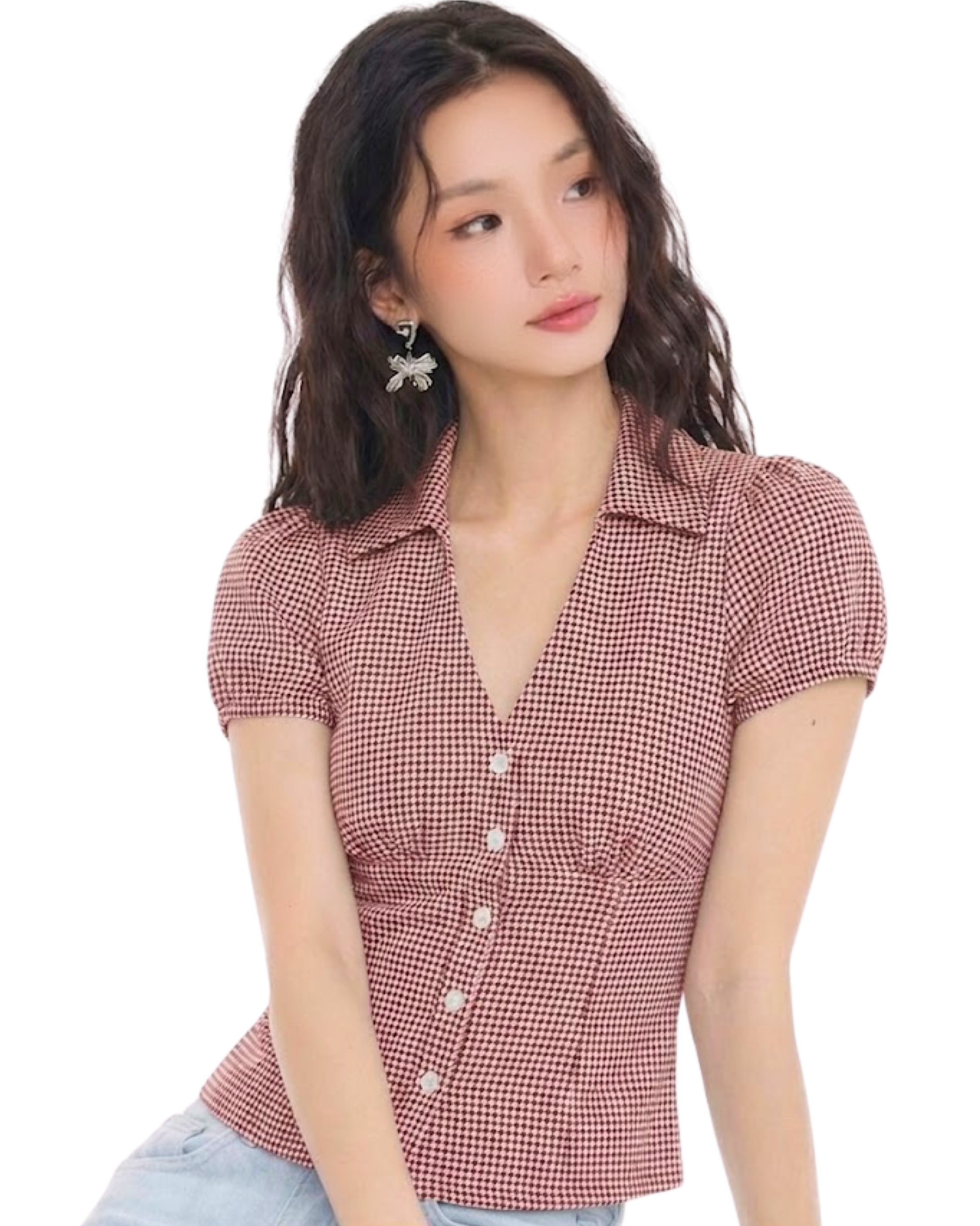 EZLIA Red Dotted Puff Sleeve Shirt Top