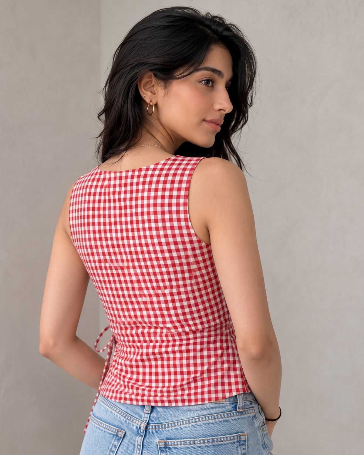 Women's Red Gingham Sleeveless Wrap Top