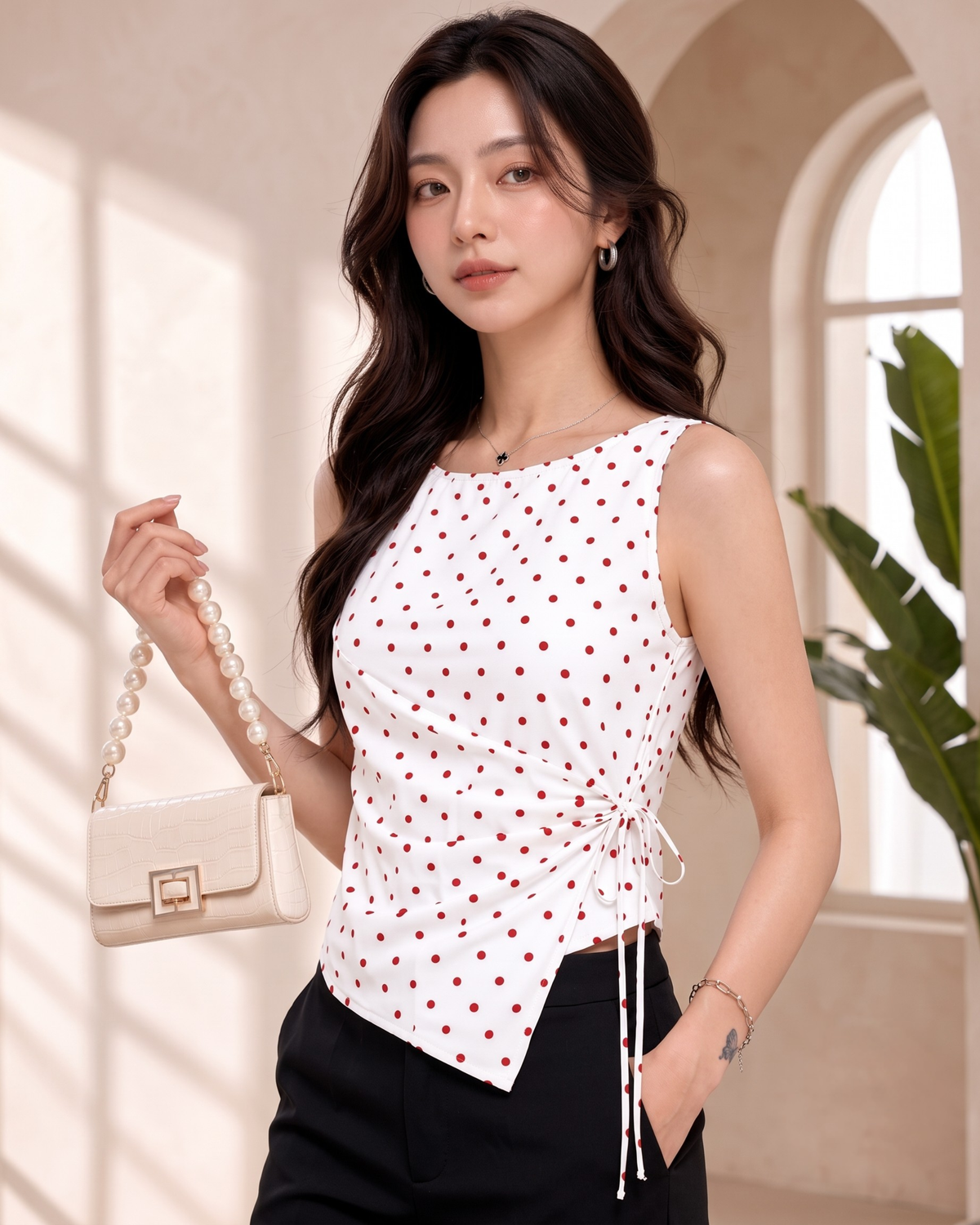 Women's Red Polka Dot Wrap Top with Side Tie