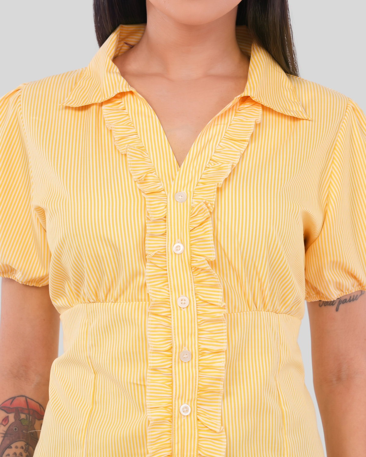 Women's Butter Yellow Striped Ruffle Front Peplum Top
