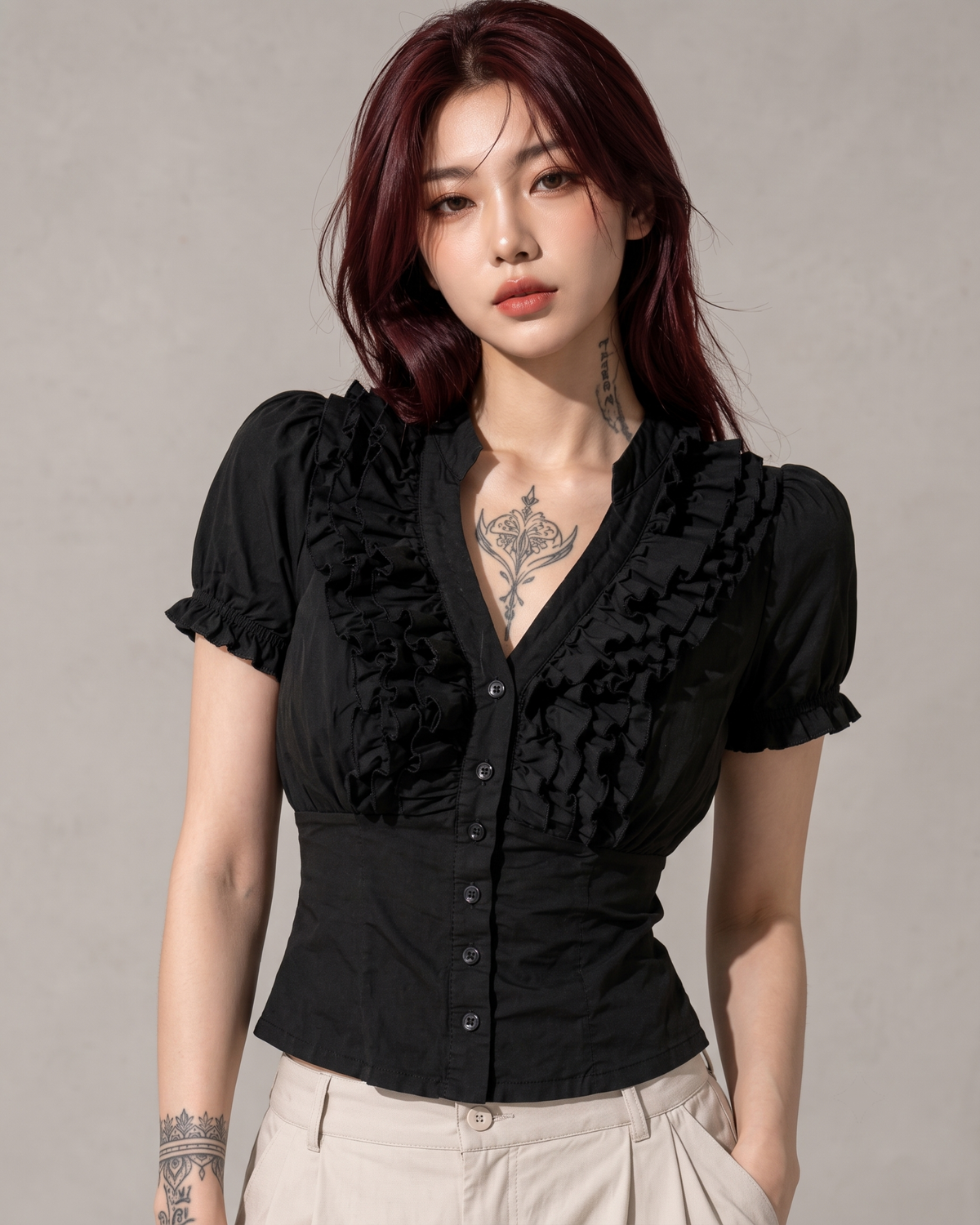 Black Ruffle Front Button Top with Tie-Back Waist