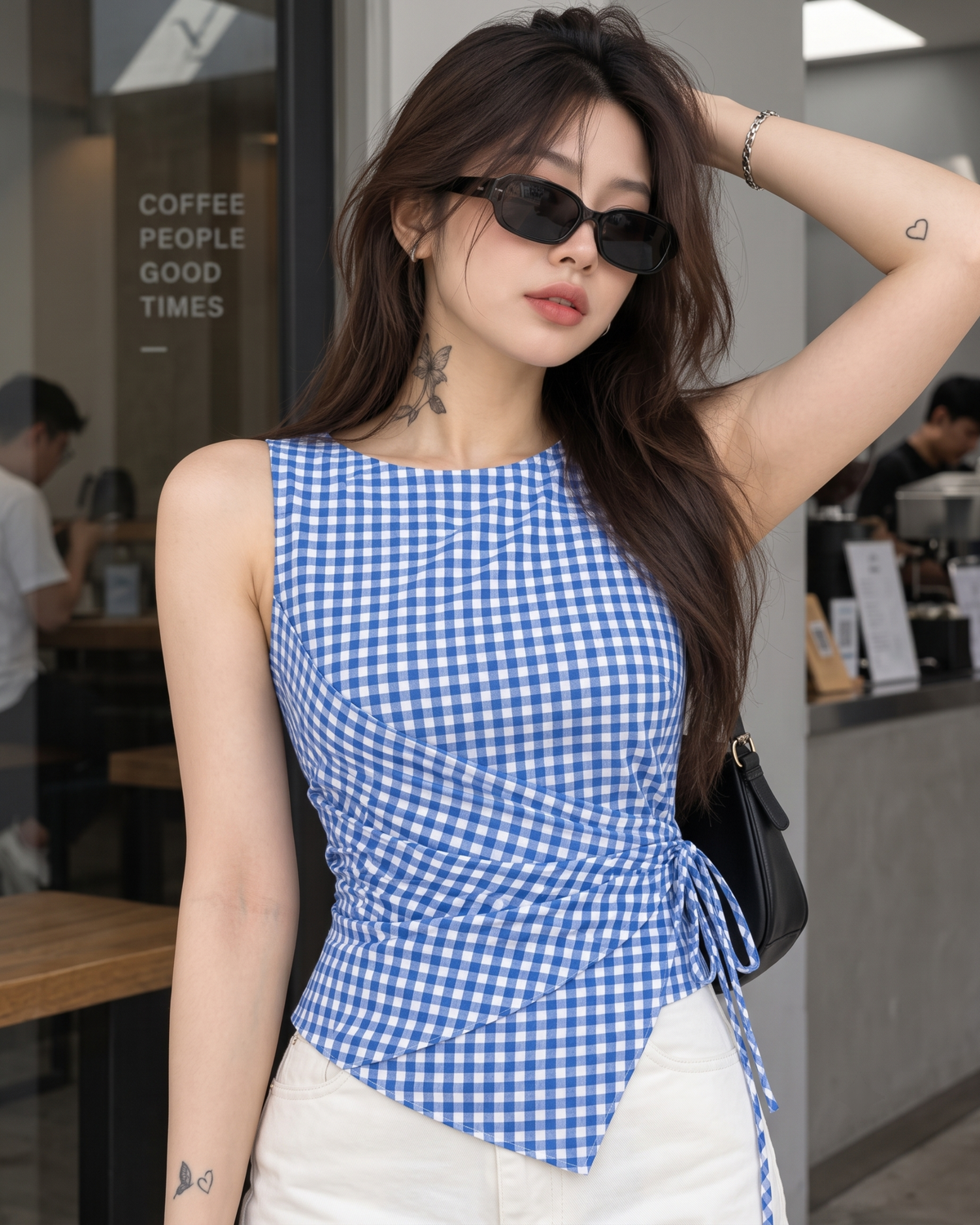 Women's Royal Blue Gingham Sleeveless Wrap Top
