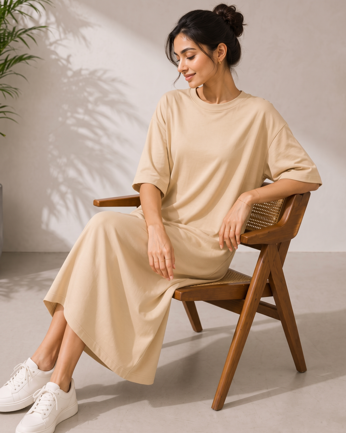Women's Beige Oversized T-Shirt Maxi Dress with Pockets