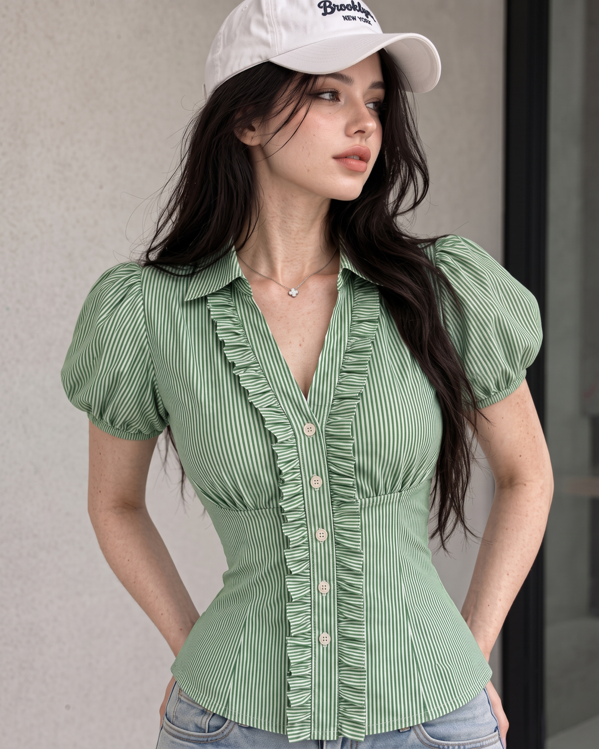 Women's Sage Green Striped Ruffle Front Peplum Top