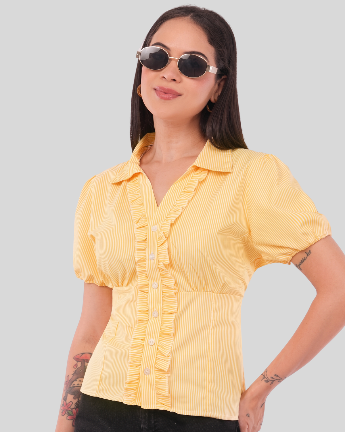 Women's Butter Yellow Striped Ruffle Front Peplum Top