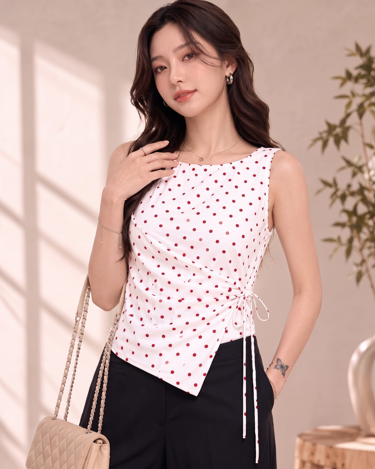 Women's Red Polka Dot Wrap Top with Side Tie