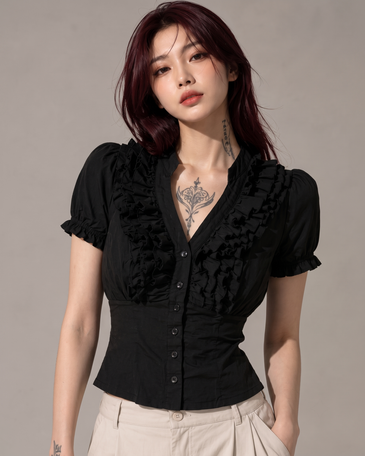 Black Ruffle Front Button Top with Tie-Back Waist