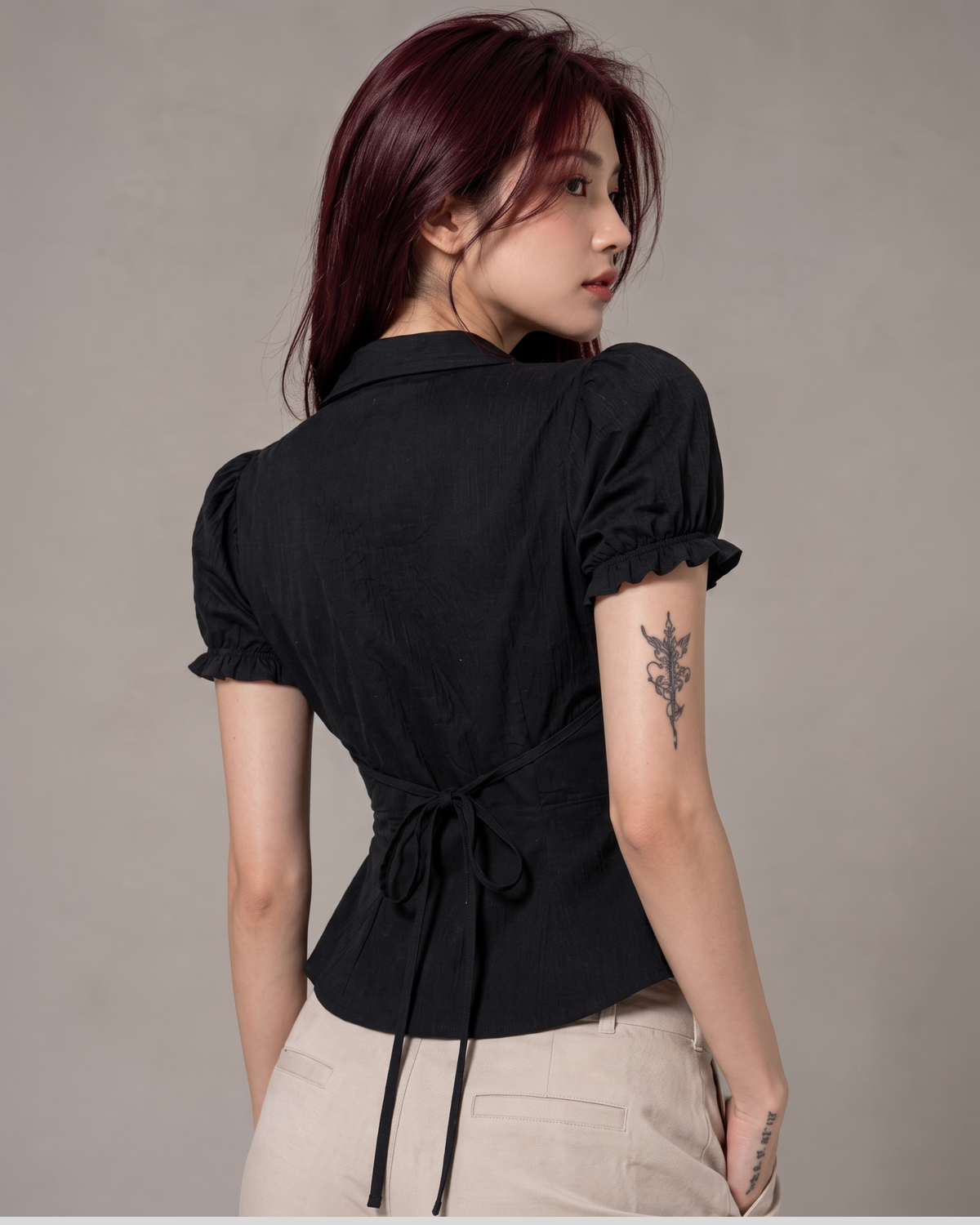 Black Ruffle Front Button Top with Tie-Back Waist