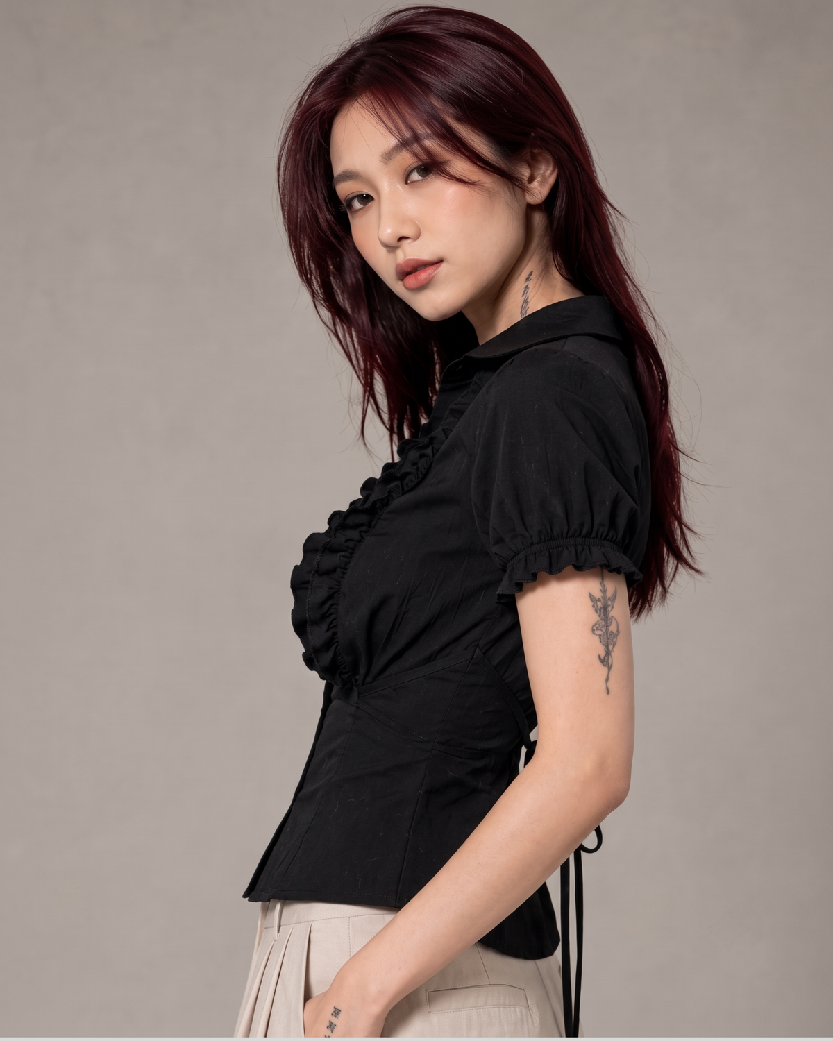 Black Ruffle Front Button Top with Tie-Back Waist