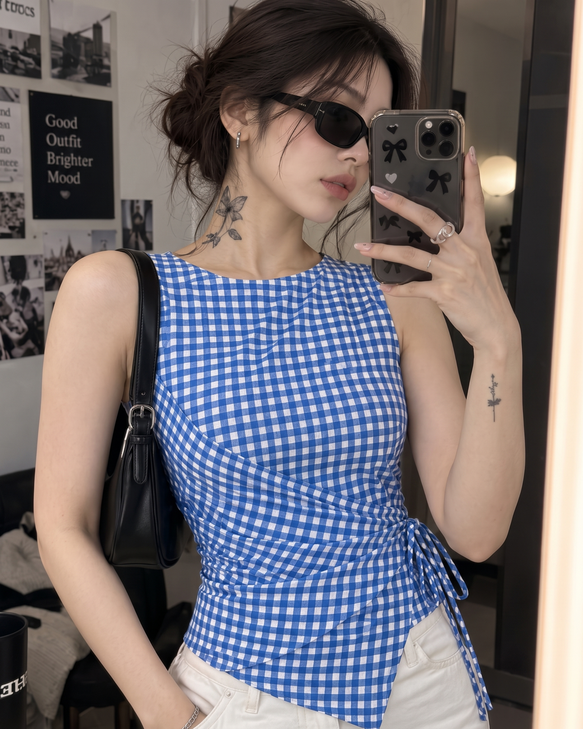 Women's Royal Blue Gingham Sleeveless Wrap Top