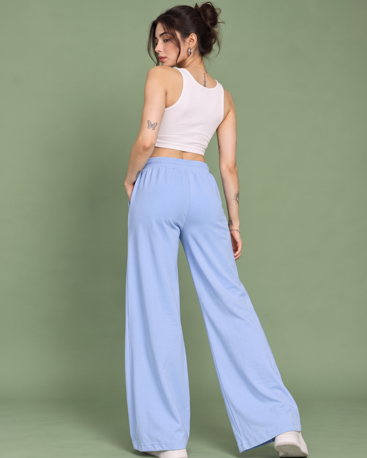 High-Waisted Wide-Leg Drawstring Trousers in Sky Blue