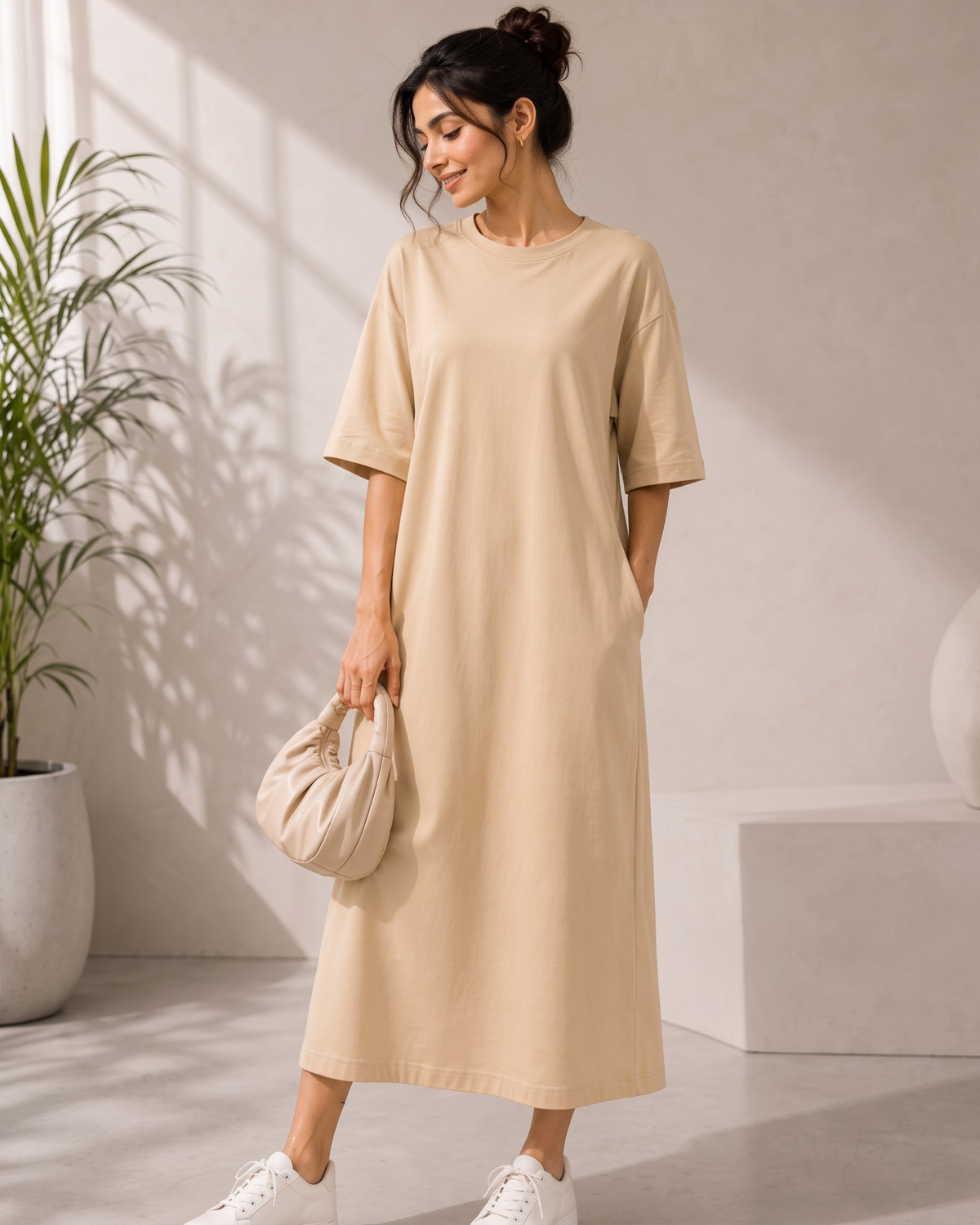 Women's Beige Oversized T-Shirt Maxi Dress with Pockets