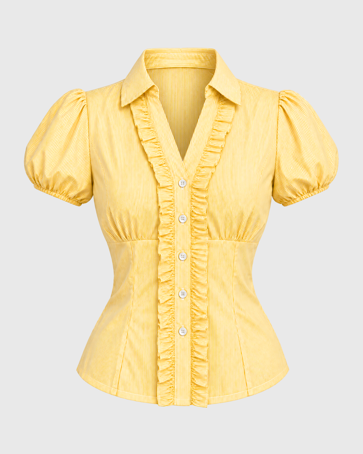 Women's Butter Yellow Striped Ruffle Front Peplum Top