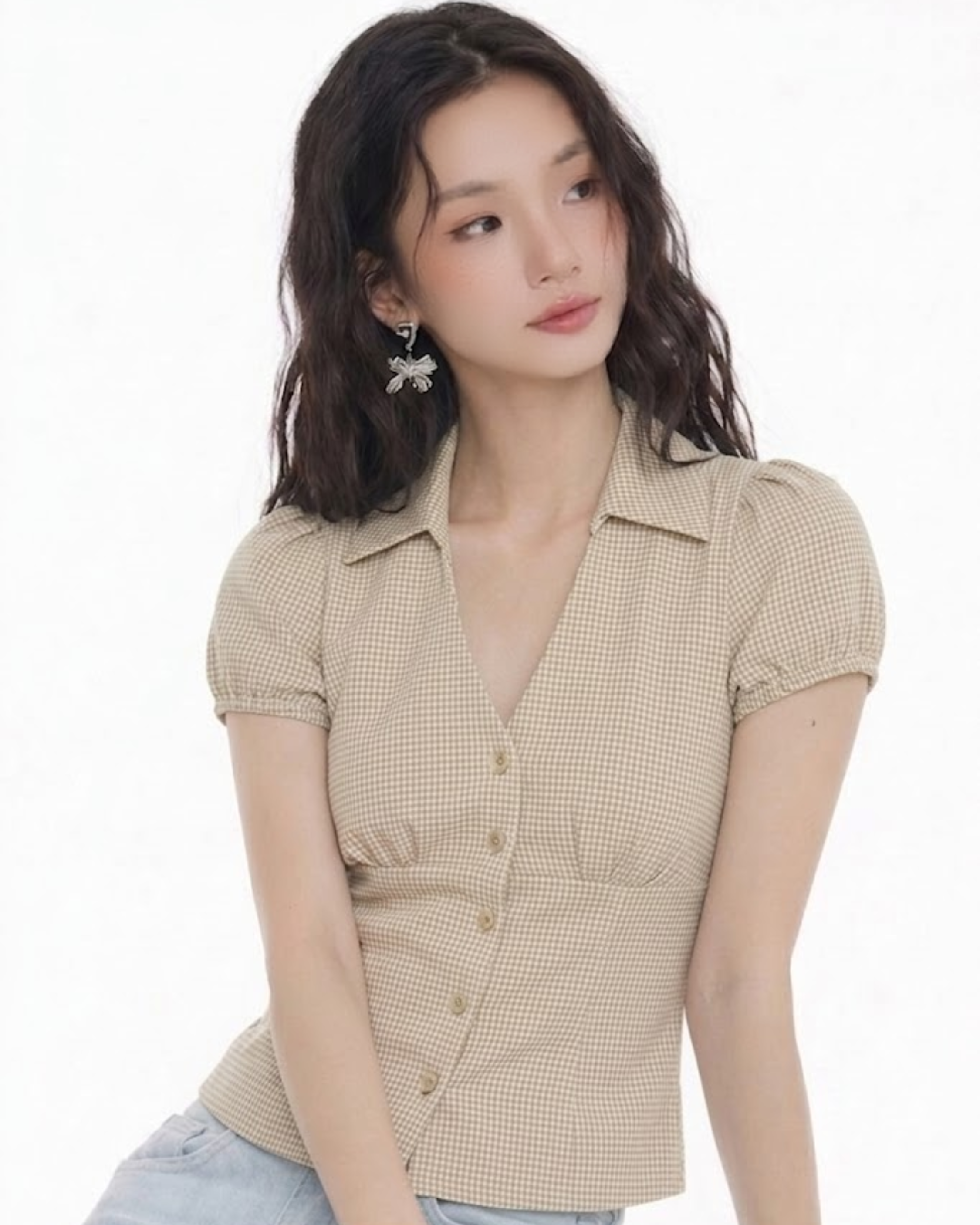 EZLIA  Beige Dotted Puff Sleeve Shirt Top