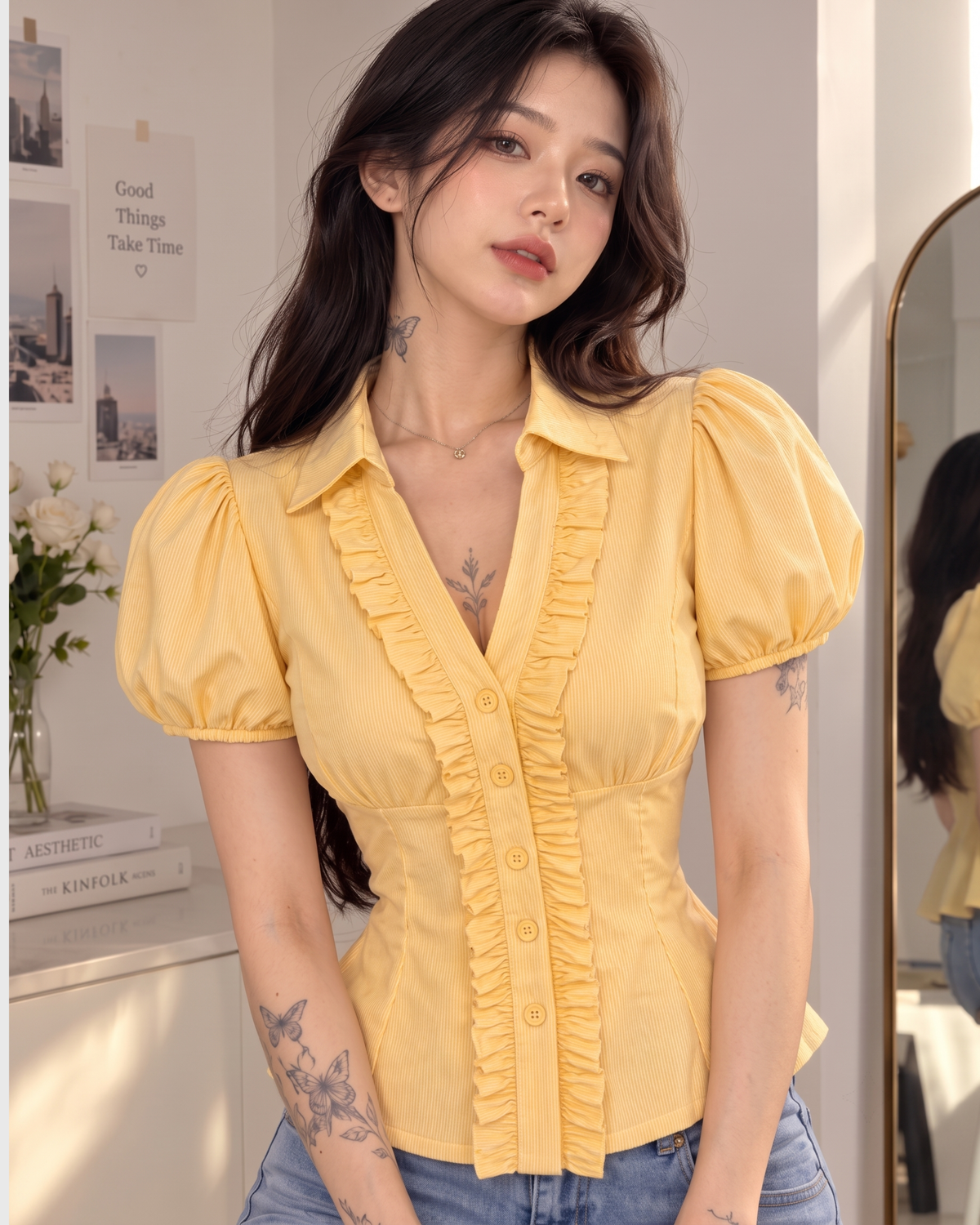 Women's Butter Yellow Striped Ruffle Front Peplum Top