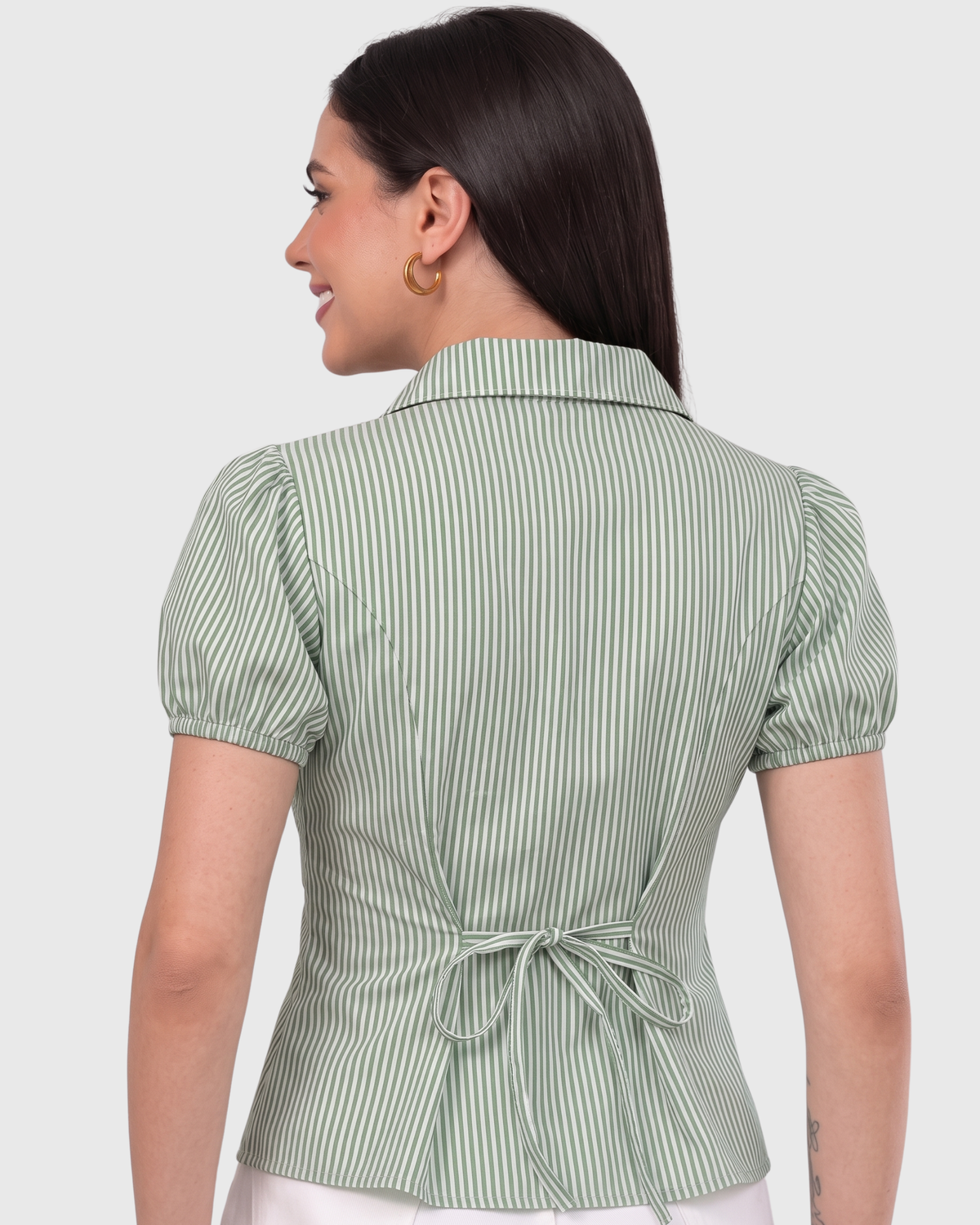 Women's Sage Green Striped Ruffle Front Peplum Top
