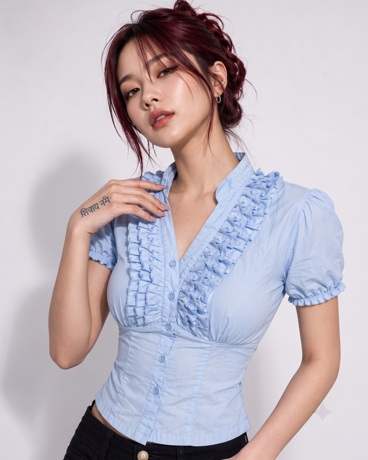 Light Blue Ruffle Front Button Top with Tie-Back Waist