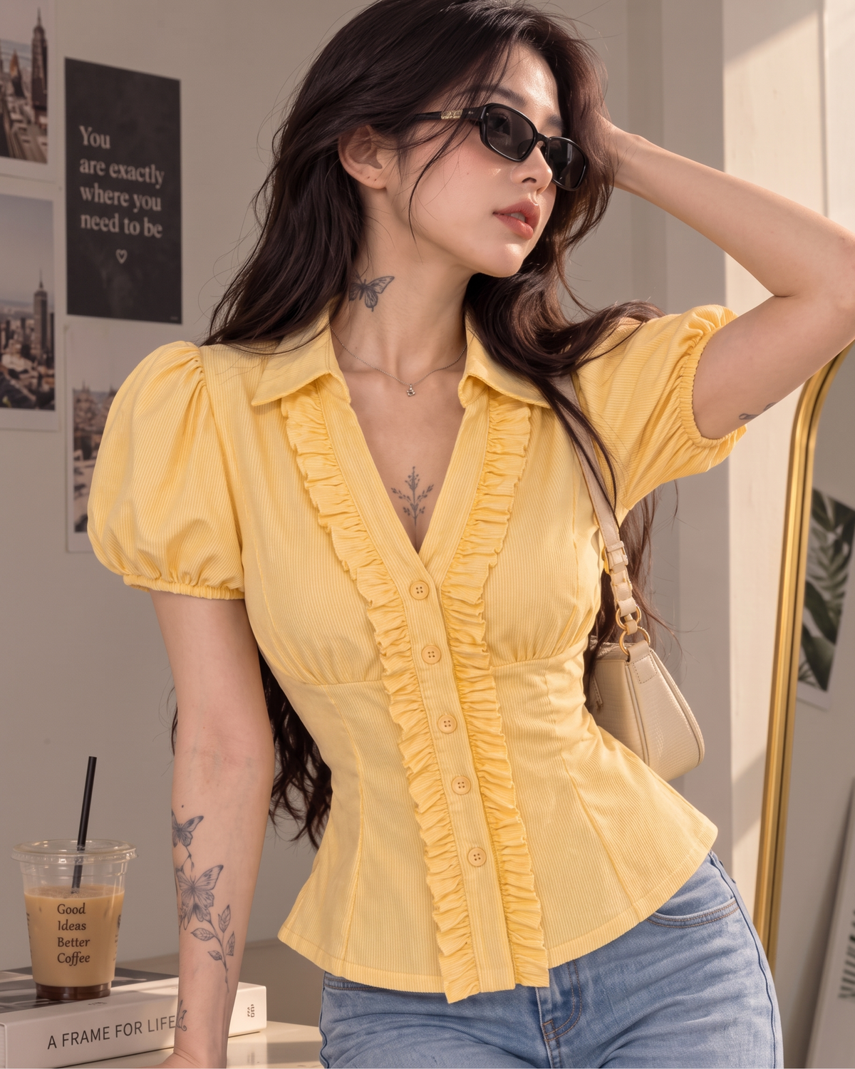 Women's Butter Yellow Striped Ruffle Front Peplum Top