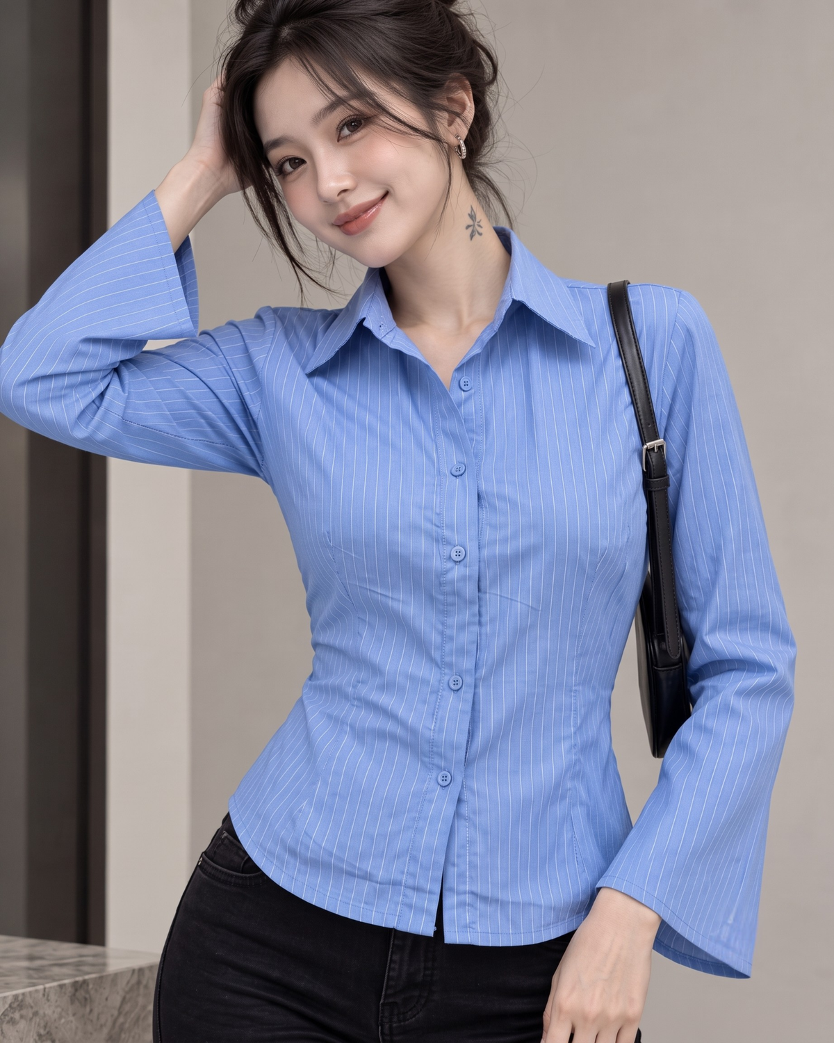 womens-blue-striped-flared-sleeve-shirt