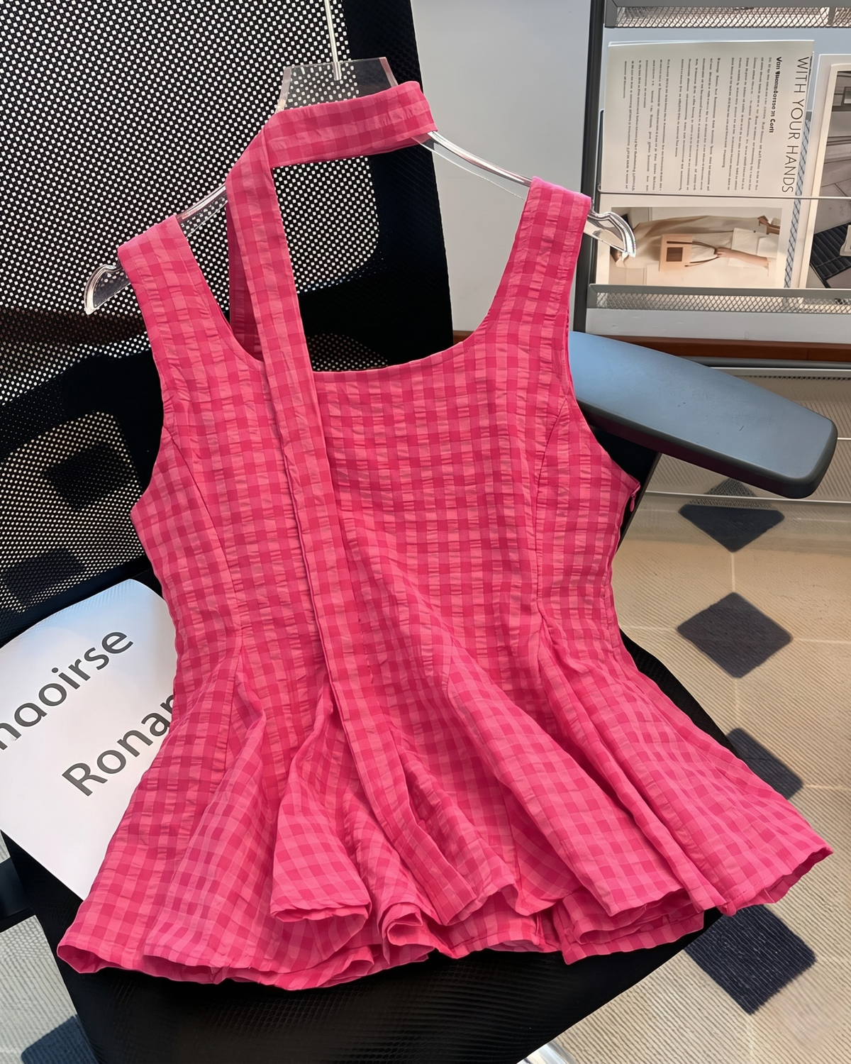 Gingham Scarf-Neck Pleated Peplum Top in Hot Pink