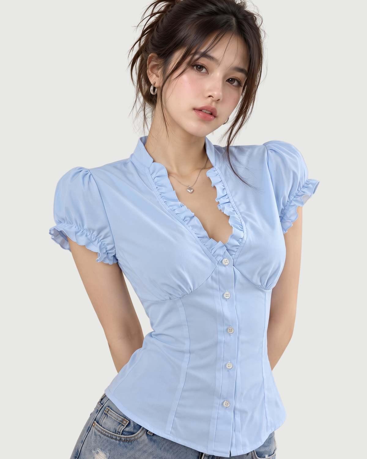 Ruffle-Trimmed Fitted Corset Blouse in Pastel Sky Blue