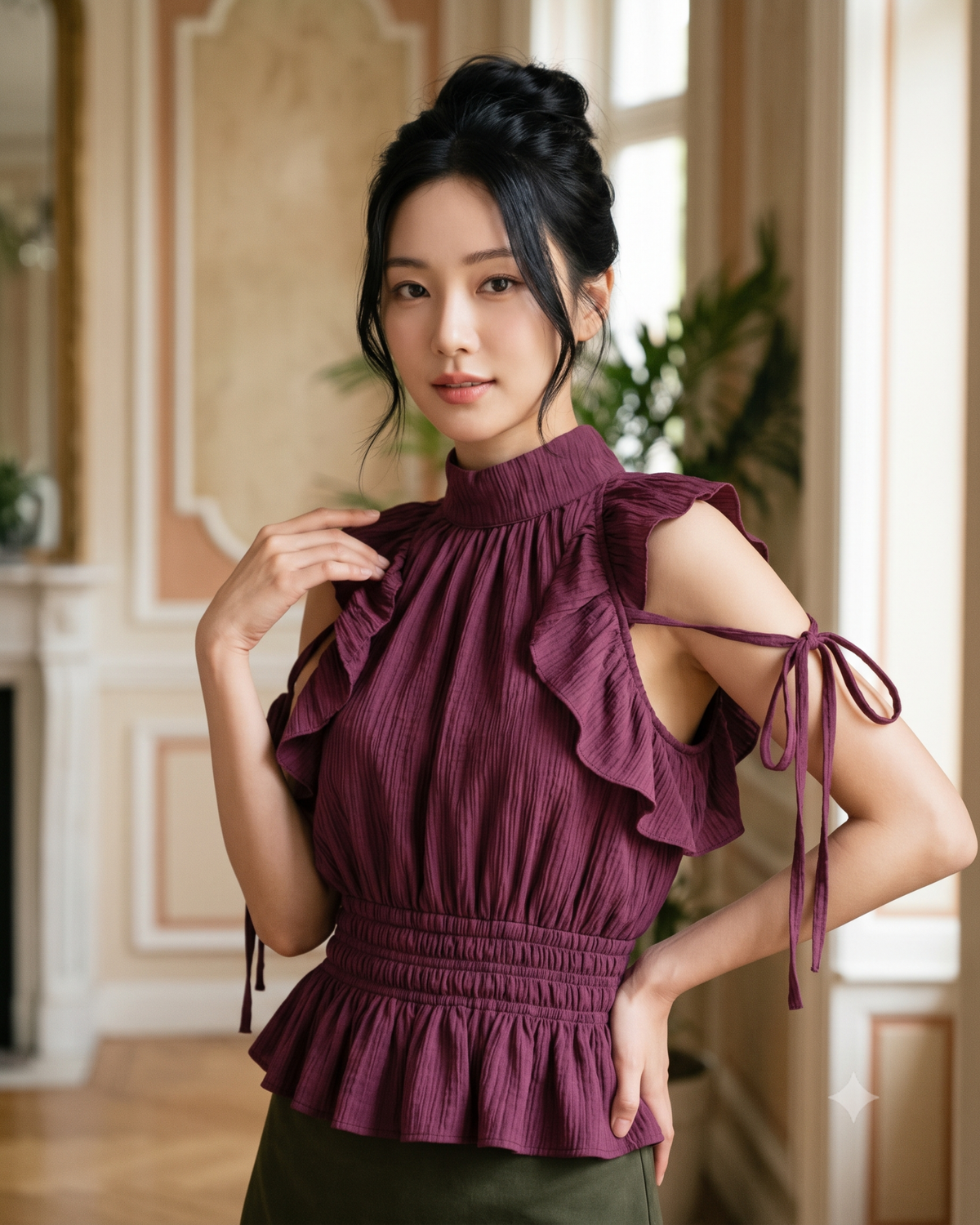 Ruffle Trim Tie Neck Top in Wine Maroon