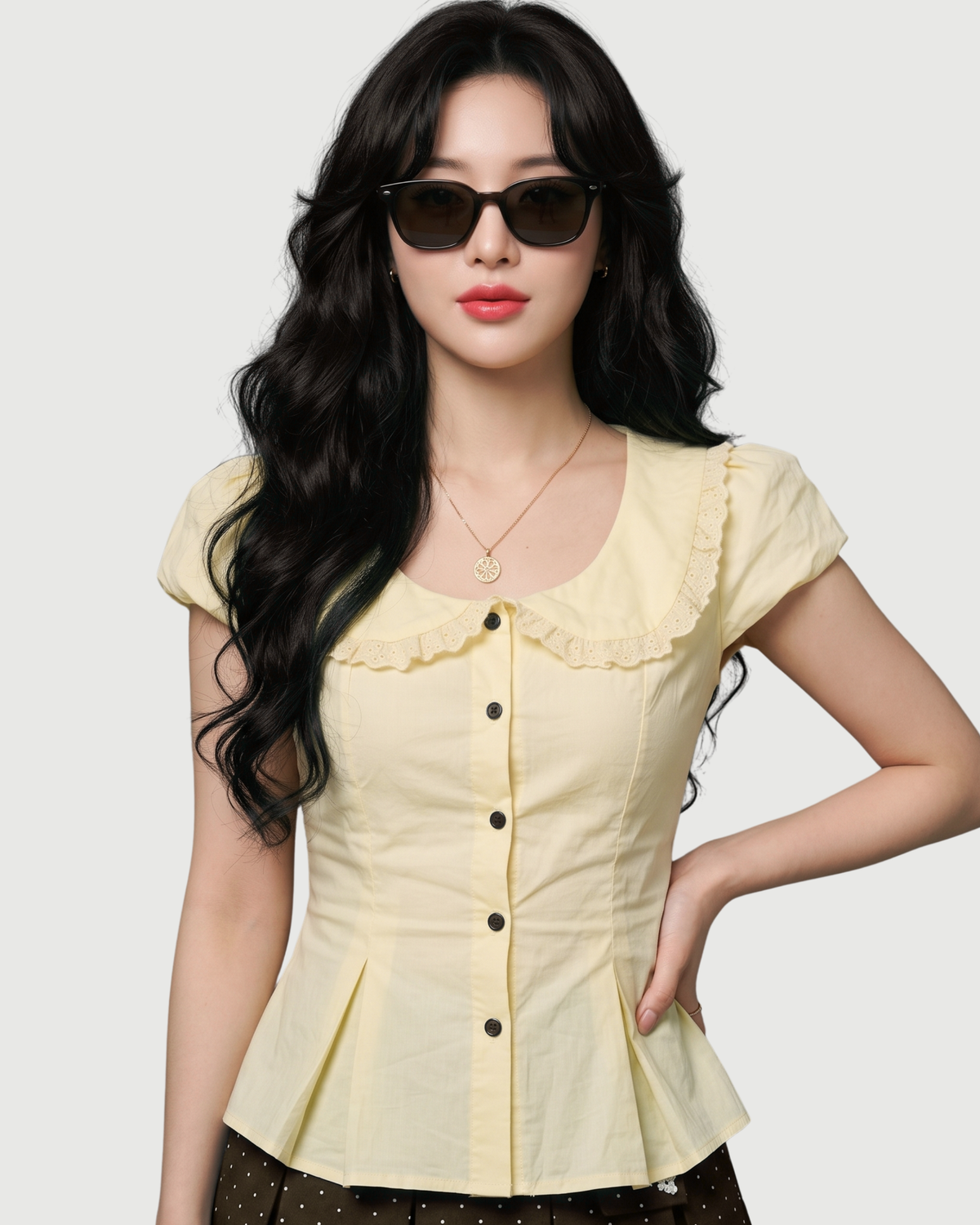 Lace-Trimmed Peter Pan Collar Peplum Blouse in Butter Yellow