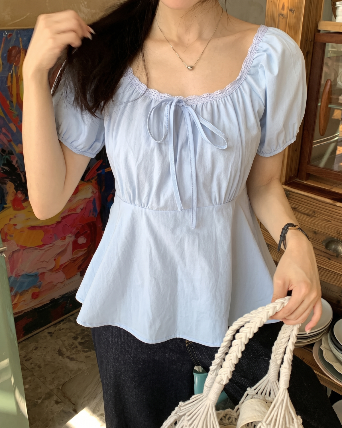 Lace-Trimmed Convertible Milkmaid Peplum Blouse in Sky Blue