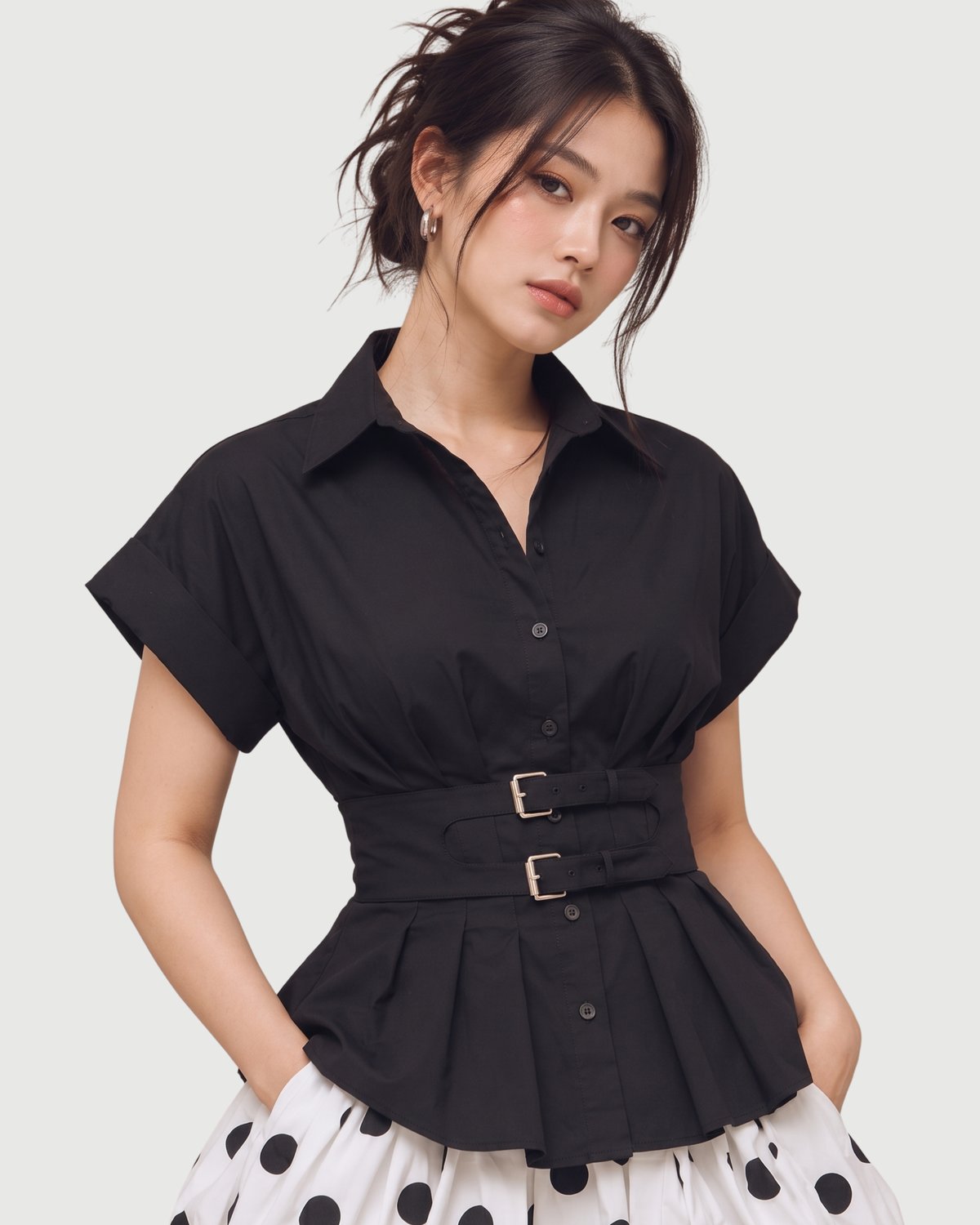 Double-Buckle Belted Peplum Shirt in Black