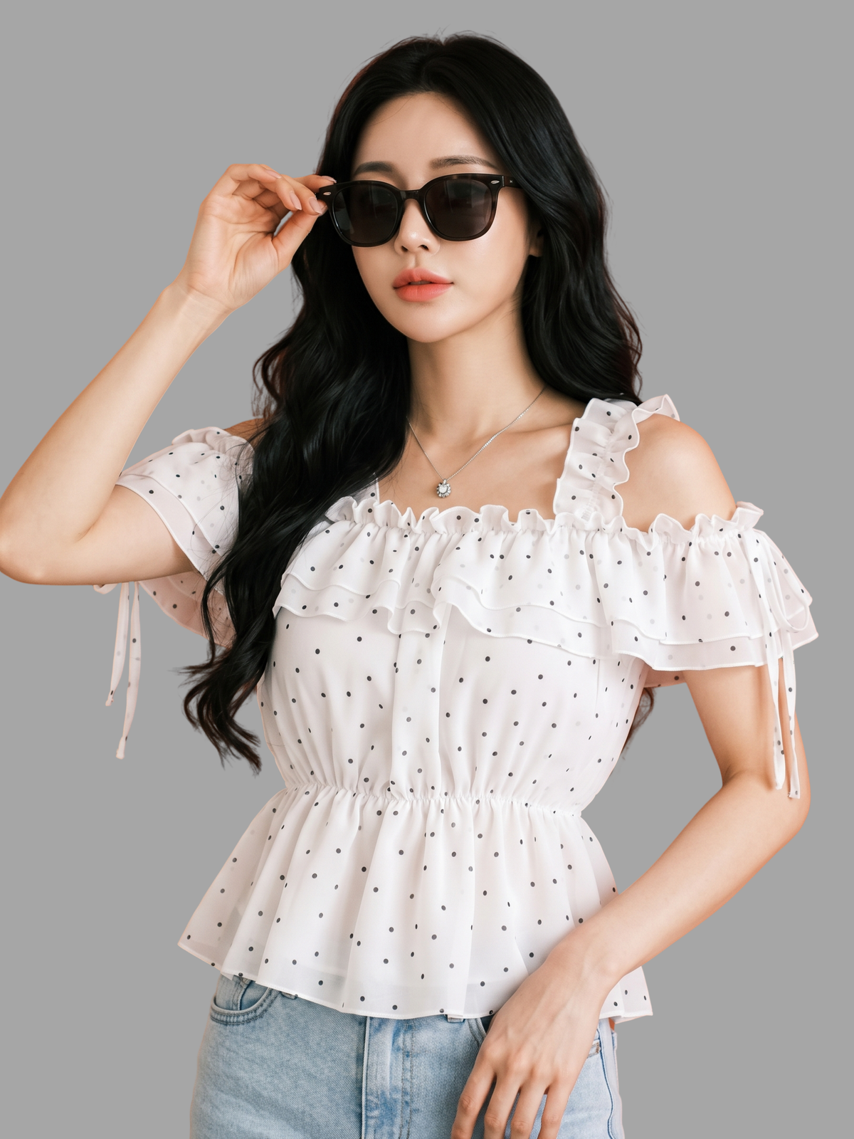 Polka Dot Ruffle Cold-Shoulder Peplum Top in White